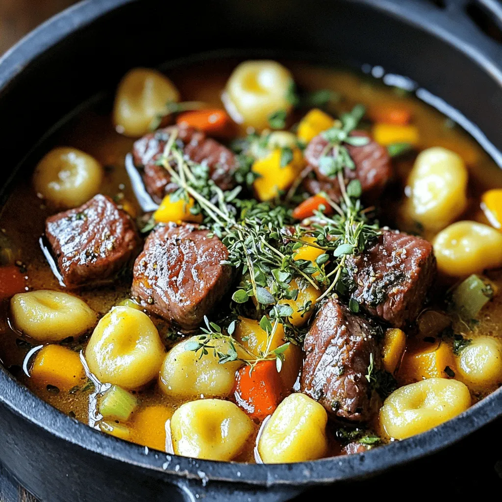 Der Kartoffelgnocchi-Rindfleisch-Eintopf ist ein herzhaftes Gericht. Die Hauptzutat ist Rindfleisch, das gut gewürfelt wird. Ideal sind Stücke aus der Schulter oder dem Hals. Diese Teile sind zart und schmackhaft, wenn sie lange kochen.