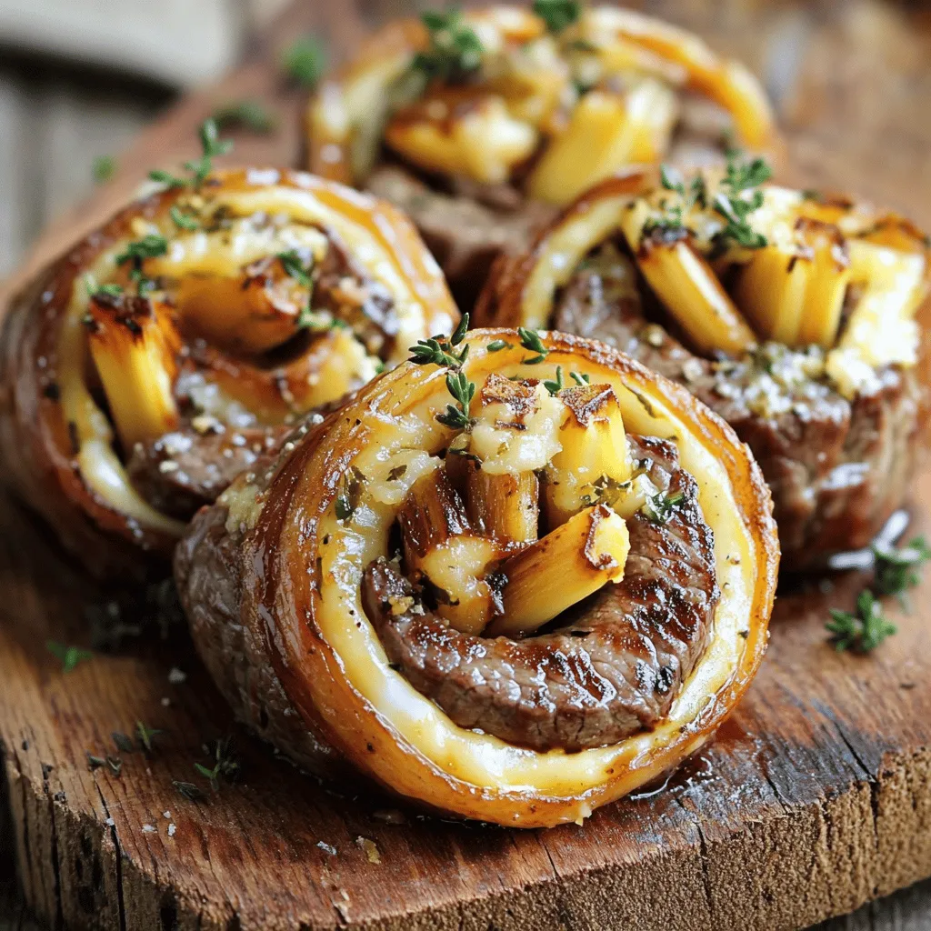 French Onion Steak Pinwheels sind ein köstlicher Snack. Sie kombinieren zartes Steak mit süßen, karamellisierten Zwiebeln und cremigem Käse. Diese Kombination macht sie zu einem perfekten herzhaften Snack für jede Gelegenheit.