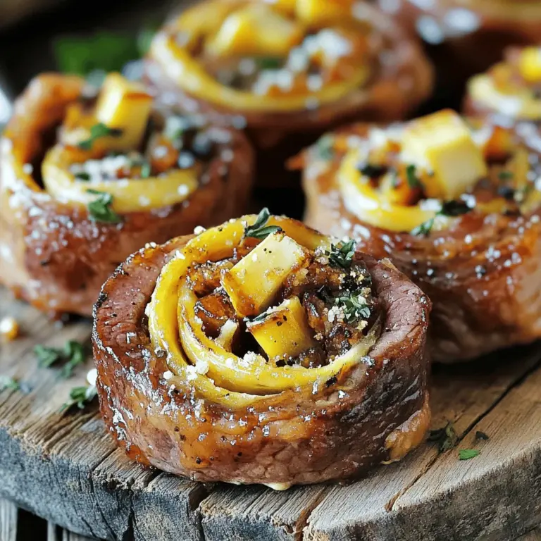 French Onion Steak Pinwheels sind ein köstlicher Snack. Sie kombinieren zartes Steak mit süßen, karamellisierten Zwiebeln und cremigem Käse. Diese Kombination macht sie zu einem perfekten herzhaften Snack für jede Gelegenheit.