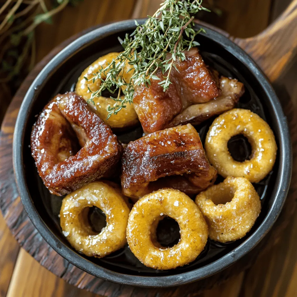 Um herzhafte Bier-Zwiebeln mit knusprigem gesalzenem Schweinefleisch zuzubereiten, benötigst du einige Grundzutaten. Du brauchst vier große Zwiebeln, 250 ml helles Bier, 250 g Schweinebauch, zwei Esslöffel Olivenöl, zwei Teelöffel braunen Zucker, einen Teelöffel getrockneten Thymian, einen Teelöffel Paprikapulver sowie Salz und Pfeffer. Frischer Schnittlauch dient zum Garnieren.