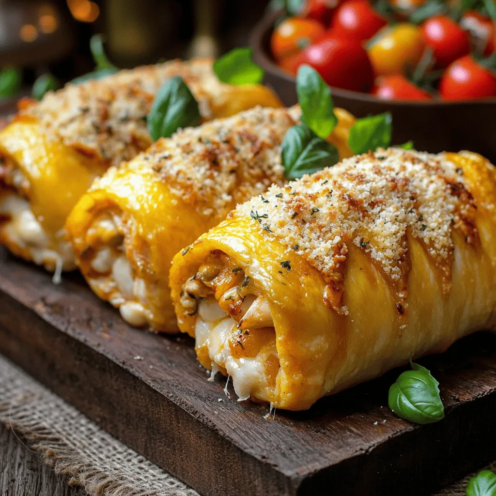 Um Chicken Parmesan Pillows zuzubereiten, benötigst du einige einfache Zutaten. Du brauchst 500 g Hähnchenbrustfilet, 200 g Mozzarella-Käse, 100 g Parmesan-Käse, 1 Tasse Semmelbrösel, 2 verquirlte Eier, 1 TL Knoblauchpulver, 1 TL italienische Kräuter, Salz, Pfeffer, 1 Packung Blätterteig und 1 Tasse Tomatensoße. Frisches Basilikum dient als schöne Garnitur.