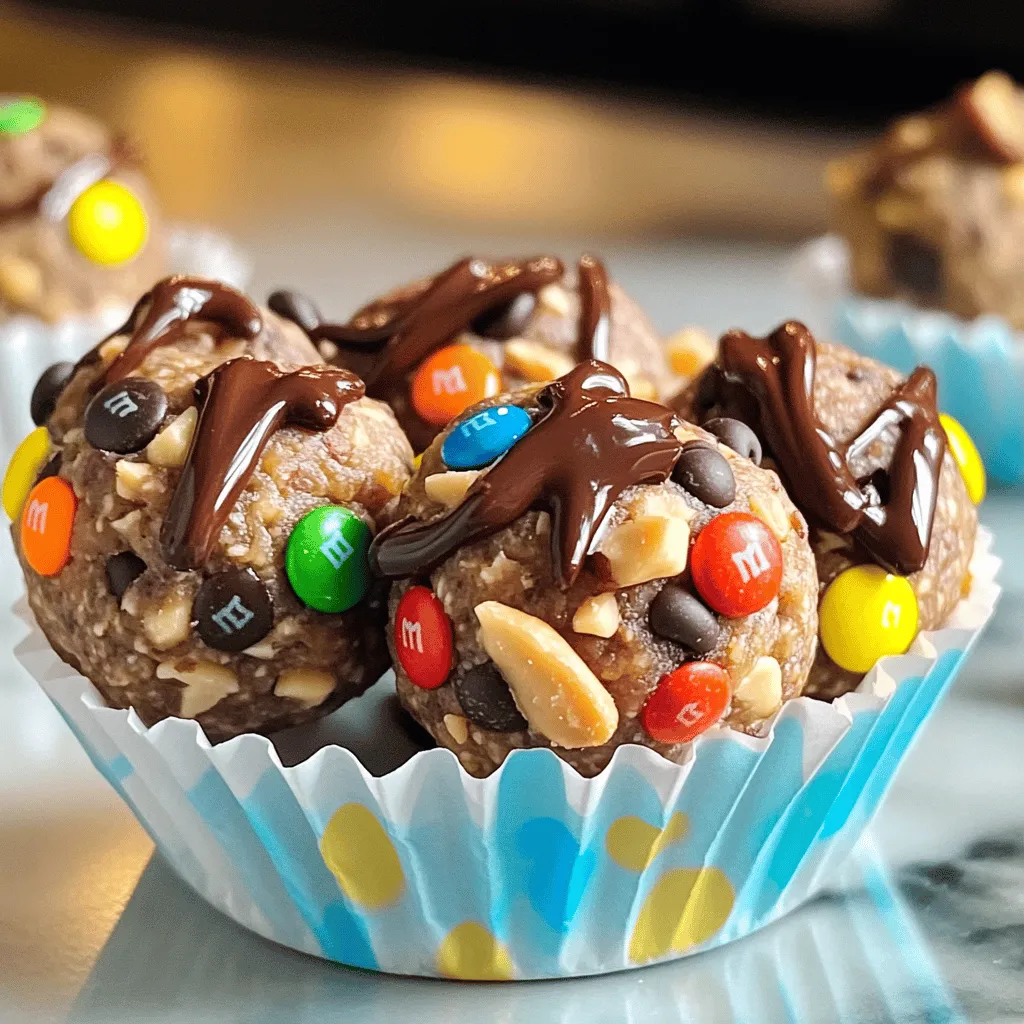 Um Monster Cookie Protein Balls zuzubereiten, benötigst du einige einfache Zutaten. Du brauchst 1 Tasse Haferflocken, ½ Tasse Erdnussbutter und ½ Tasse Honig oder Ahornsirup. Außerdem sind 1 Messlöffel Vanille-Protein-Pulver, ½ Tasse Mini-Schokoladenstückchen und ¼ Tasse M&Ms wichtig. Vergiss nicht ¼ Tasse gehackte Nüsse und 1 Teelöffel Vanilleextrakt. Ein Hauch Salz rundet den Geschmack ab.