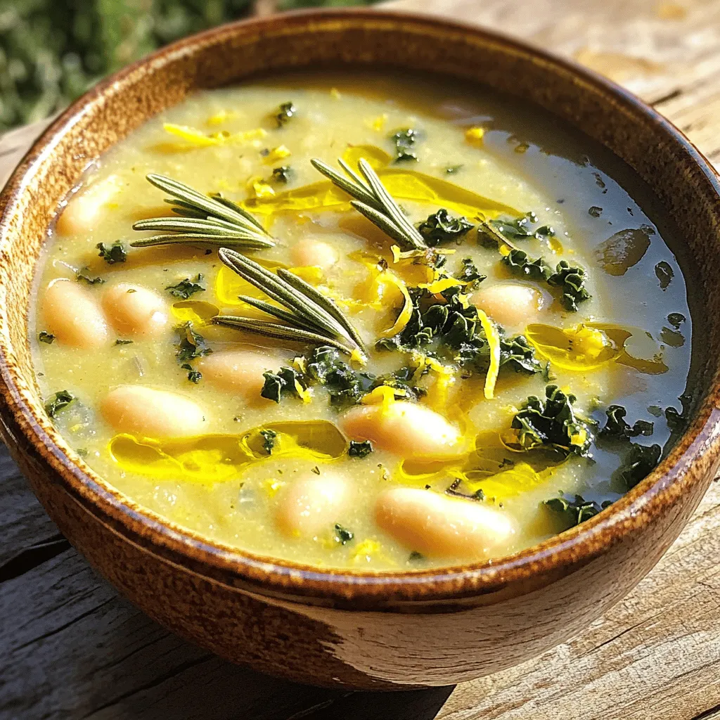 Die Zitronen-Rosmarin-Bohnensuppe hat frische und einfache Zutaten. Die Hauptzutat sind weiße Bohnen. Ich empfehle Cannellini oder Navy-Bohnen. Sie sind weich und cremig. Diese Bohnen sind voll mit Eiweiß und Ballaststoffen. Das macht sie gesund und sättigend.