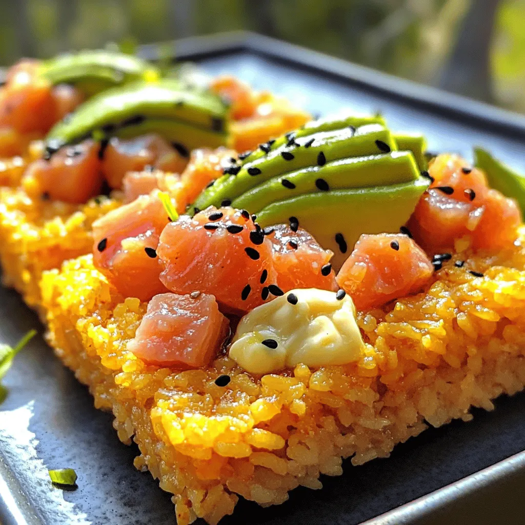 Um Spicy Tuna Crispy Rice zuzubereiten, brauchst du einige einfache Zutaten. Du benötigst 2 Tassen Sushi-Reis, 2 ½ Tassen Wasser, ½ Teelöffel Salz, 1 Esslöffel Reisessig und 1 Esslöffel Zucker. Für die Füllung sind 1 Pfund sashimi-frischer Thunfisch, 2 Esslöffel Mayonnaise, 1 Esslöffel Sriracha, 2 grüne Zwiebeln und 1 Avocado wichtig. Außerdem brauchst du 1 Esslöffel Sesamöl, 1 Esslöffel Sojasauce, Panko-Brösel und schwarze Sesamsamen zur Garnierung.