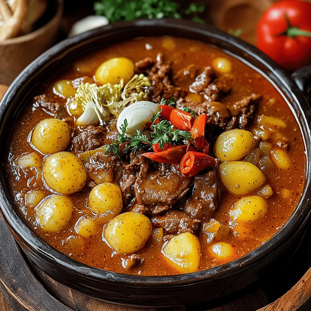 Polnisches Gulasch ist einfach und macht Freude. Für das einfaches Gulasch Rezept brauchen wir frische Zutaten. Die wichtigsten Zutaten sind: Rindfleisch, Zwiebeln, Knoblauch, Paprika, Karotten und Kartoffeln. Diese Zutaten bringen viel Geschmack. Paprikapulver und Kümmel geben dem Gericht die richtige Würze. Verwende auch frische Petersilie zum Garnieren.