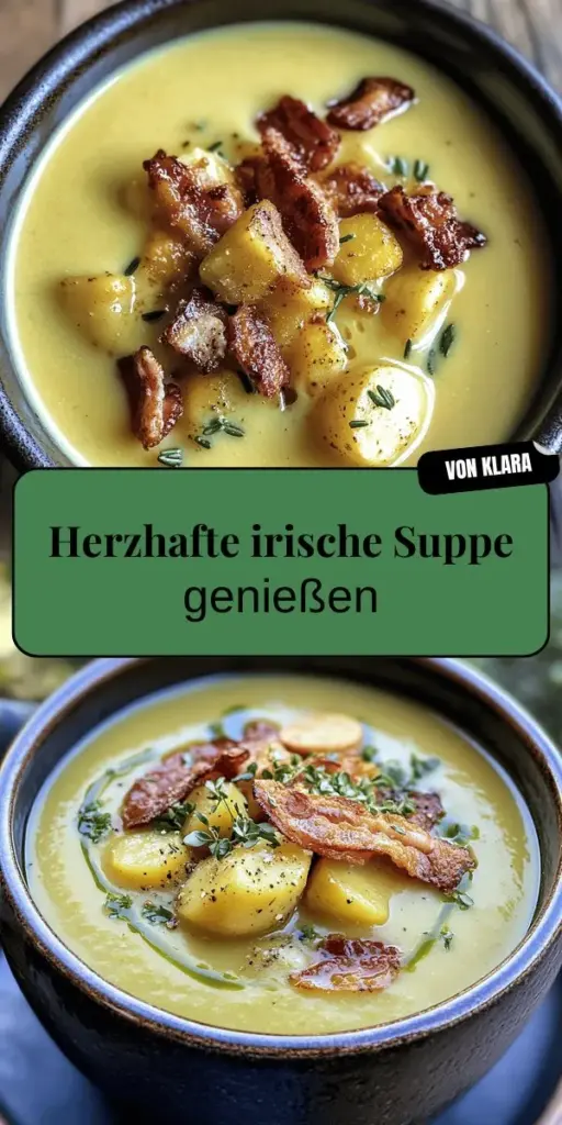 Entdecken Sie die köstliche irische Bacon-Kohl-Kartoffelsuppe, perfekt für kalte Tage! Dieses einfache Rezept kombiniert herzhaften Bacon, zarten Kohl und nahrhafte Kartoffeln für einen Geschmack, der Sie wärmt und glücklich macht. In nur 45 Minuten zaubern Sie eine wohlschmeckende Suppe, die Ihre Familie lieben wird. Klicken Sie jetzt hier, um das vollständige Rezept zu entdecken und Ihre Küche mit irischen Aromen zu füllen!
