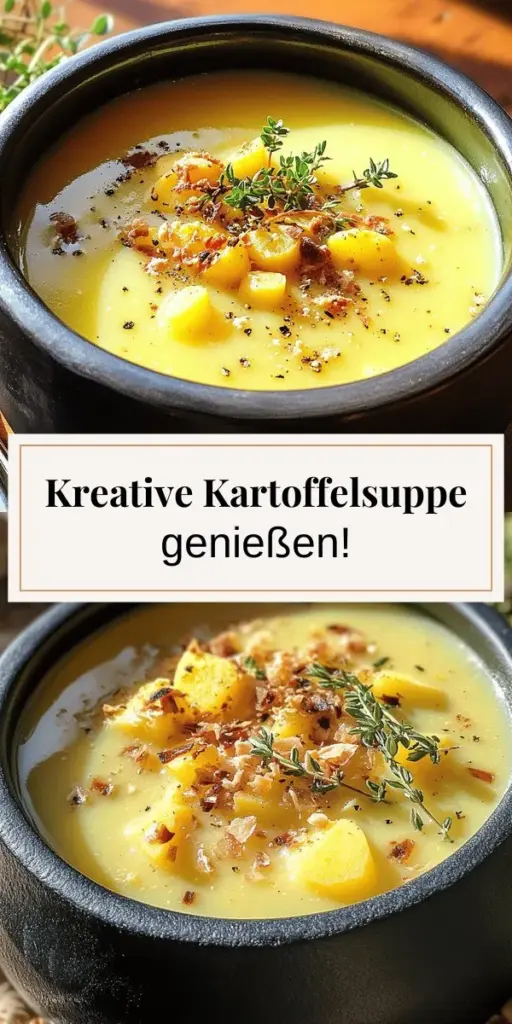 Entdecke das kreative und leckere deutsche Kartoffelsuppen Rezept, das einfach zuzubereiten ist und perfekt für jeden Anlass! Mit festkochenden Kartoffeln, gewürfeltem Speck und frischen Kräutern zauberst du eine herzhafte Suppe, die deine Familie lieben wird. Erhalte Tipps zur Zubereitung und Variationen, um deine eigene Note hinzuzufügen. Klicke jetzt, um das vollständige Rezept zu entdecken und deine Küche mit diesem klassischen Gericht zu verwöhnen!