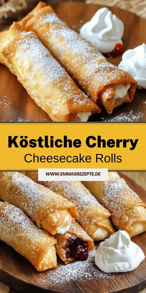 Entdecke die köstliche Welt der Cherry Cheesecake Egg Rolls! Diese einfache Dessertidee kombiniert die Cremigkeit von Käsekuchen mit dem knusprigen Genuss von Egg Rolls. Perfekt für jede Feier oder einfach zum Snacken, sind sie in weniger als 30 Minuten zubereitet. Lass dir dieses schnelle Rezept nicht entgehen und erfahre, wie du alle wichtigen Zutaten und Variationen nutzen kannst. Klicke hier, um das vollständige Rezept zu entdecken und deine Gäste zu beeindrucken!
