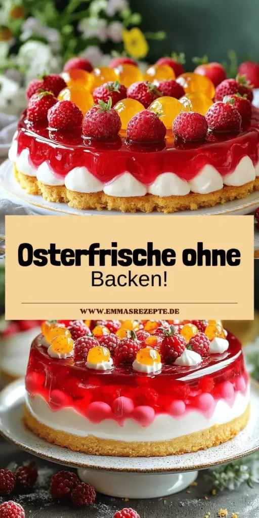 Entdecke das perfekte und einfache Rezept für eine köstliche Oster-No-Bake-Jelly-Torte! Diese bunte Torte ist schnell gemacht und begeistert sowohl Kinder als auch Erwachsene. Mit frischen Beeren, cremiger Frischkäsefüllung und einem knusprigen Keksboden wird sie zum Star deiner Festlichkeiten. Lass dich von den Tipps zur Dekoration und Varianten inspirieren. Klicke jetzt, um die vollständige Anleitung und das Rezept zu entdecken!