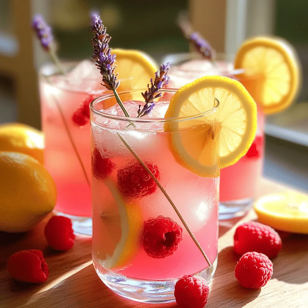 Um Pink Lavender Lemonade zu machen, brauchst du frische Zutaten. Die Hauptzutaten sind: frischer Zitronensaft, Zucker oder Honig, Wasser, getrocknete Lavendelblüten, Lavendel-Essenz, frische Himbeeren, Eiswürfel sowie Zitronenscheiben und Lavendelzweige zur Dekoration.