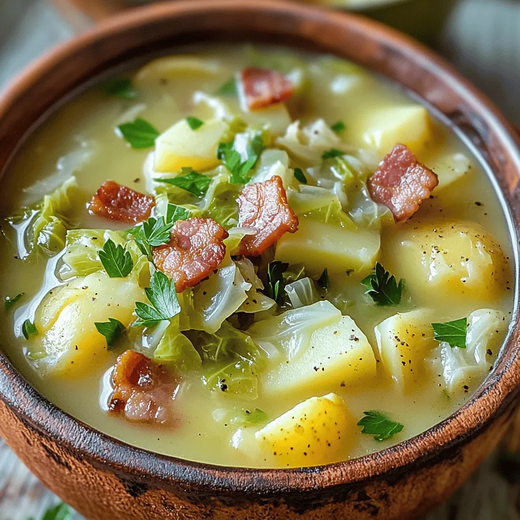 Die Hauptzutaten für Irish Bacon, Cabbage und Potato Soup sind ganz einfach. Die besten Zutaten sind irischer Speck, Kohl, Kartoffeln, Zwiebeln und Brühe. Diese Zutaten bieten einen tollen Geschmack und eine schöne Textur.