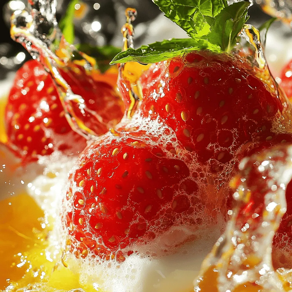 Um einen einfachen Erdbeer-Patch Float zu machen, brauchst du frische Erdbeeren, Joghurt und Sprudelwasser. Du benötigst auch Honig oder Agavendicksaft und Eiswürfel für die Kühle.
