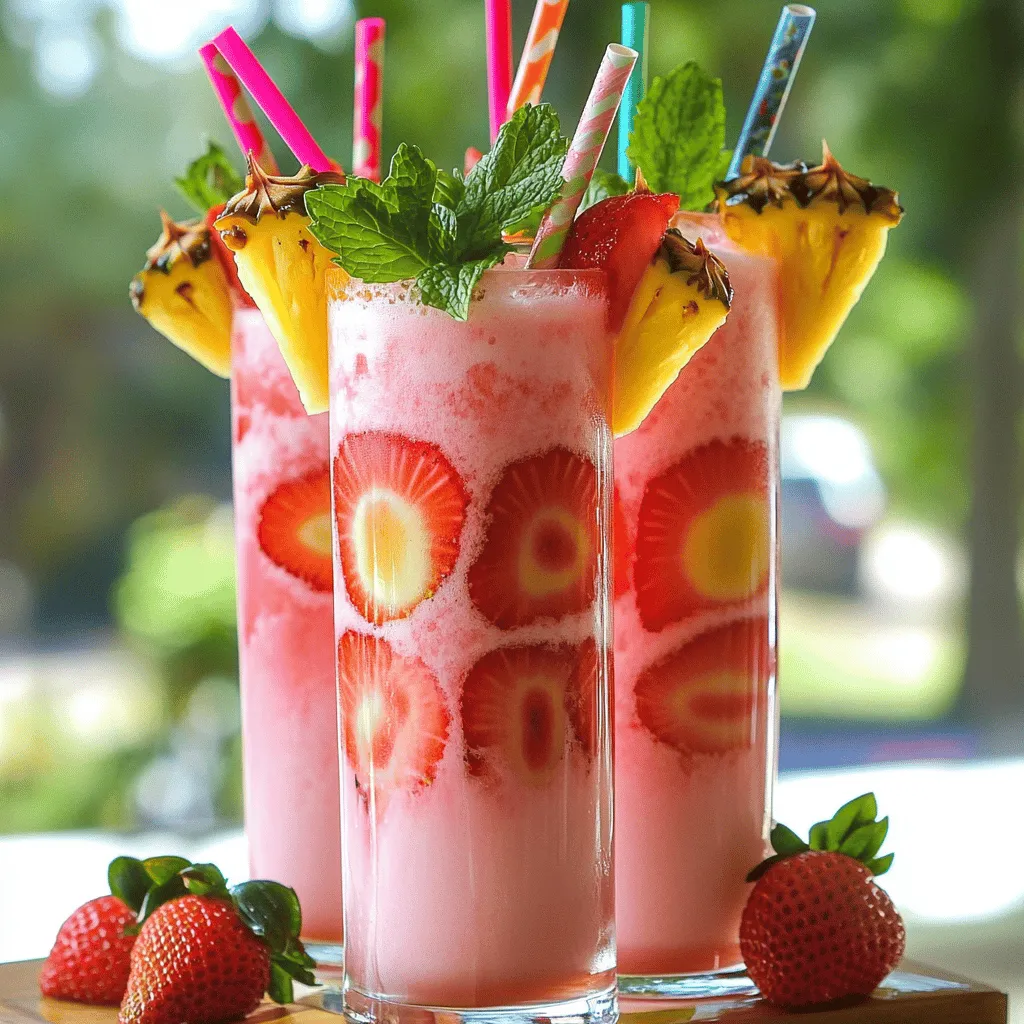 Um einen Pink Flamingo Colada zu machen, brauchst du einige frische Zutaten. Die Hauptzutaten sind frische Ananas, Kokosmilch, Bananen und Erdbeeren. Diese frischen Früchte in Cocktails machen den Drink lecker und bunt.