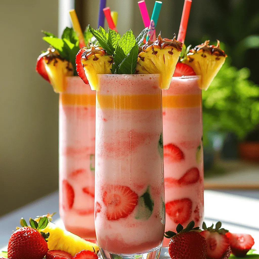 Um einen Pink Flamingo Colada zu machen, brauchst du einige frische Zutaten. Die Hauptzutaten sind frische Ananas, Kokosmilch, Bananen und Erdbeeren. Diese frischen Früchte in Cocktails machen den Drink lecker und bunt.