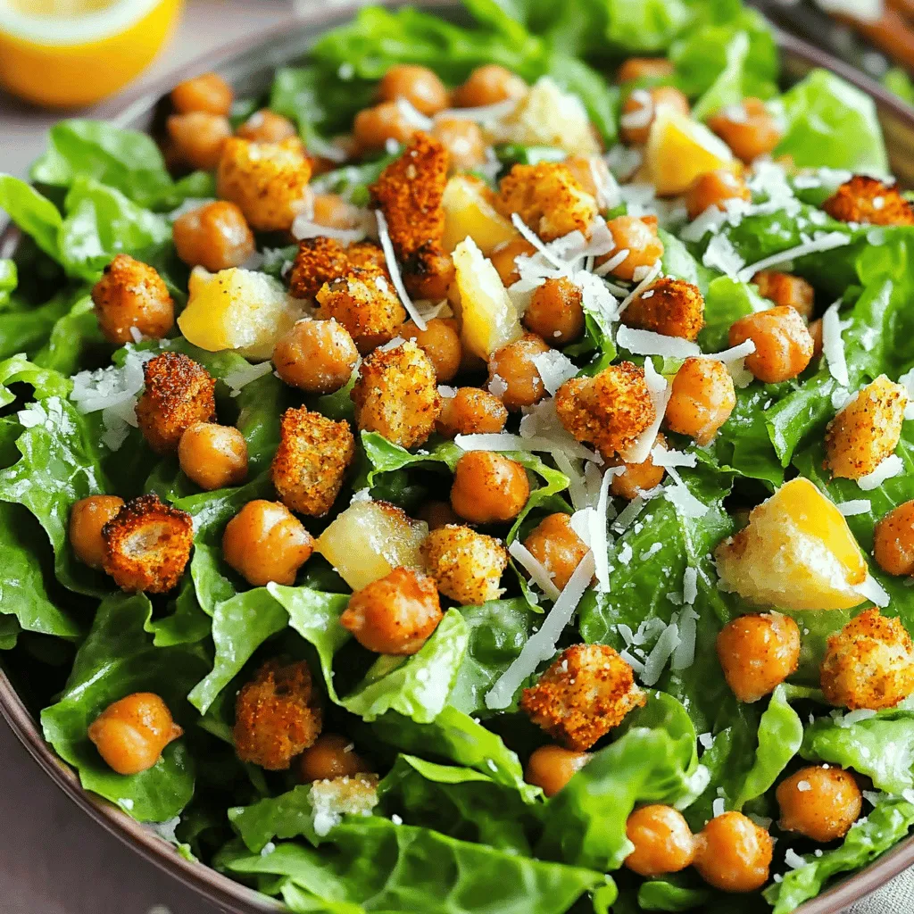 - <strong>Römersalat</strong>: Der Römersalat ist knackig und frisch. Er gibt dem Salat eine gute Textur. Ich zerrupfe ihn in mundgerechte Stücke, um das Essen einfacher zu machen. – <strong>Kichererbsen</strong>: Diese kleinen Hülsenfrüchte sind der Star in diesem Rezept. Sie sind nahrhaft und reich an Eiweiß. Ich verwende eine Dose Kichererbsen, die gut gespült wird, um die überschüssige Salzlösung zu entfernen. – <strong>Parmesan und Alternativen</strong>: Parmesan bringt einen salzigen, würzigen Geschmack. Ich bevorzuge geriebenen Parmesan, aber es gibt auch vegane Alternativen. Diese sind eine tolle Option für alle, die Milchprodukte meiden.” /></p>
</p>
<h2>Variationen</h2>
</p>
<p>Zusätzliche Zutaten können den Geschmack Ihres Caesar-Salats mit gerösteten Kichererbsen verbessern. Avocado bringt Cremigkeit und gesunde Fette. Geröstetes Gemüse, wie Paprika oder Zucchini, fügt Süße und Textur hinzu.</p>
</p>
<p>Nüsse und Samen sind auch tolle Ergänzungen. Walnüsse oder Sonnenblumenkerne geben einen knusprigen Biss. Diese Zutaten machen den Salat noch nahrhafter.</p>
</p>
<p>Probieren Sie verschiedene Dressings aus, um Abwechslung zu schaffen. Ein asiatisch inspiriertes Dressing mit Sojasauce und Ingwer könnte spannend sein. Kräuter-Dressings mit frischem Basilikum oder Petersilie geben ein frisches Aroma.</p>
</p>
<p>Für mehr Protein können Sie Hähnchenbrust oder Tofu hinzufügen. Diese Ergänzungen machen den Salat sättigender. Auch andere Hülsenfrüchte, wie schwarze Bohnen, passen gut.</p>
</p>
<p>Experimentieren Sie mit diesen Ideen, um Ihren perfekten Caesar-Salat zu finden. Lassen Sie Ihrer Kreativität freien Lauf! Sie können die [Full Recipe] ausprobieren, um alle Zutaten und Schritte zu sehen.</p>
</p>
</p>
<h2>Lagerungshinweise</h2>
</p>
<h3>Reste richtig aufbewahren</h3>
</p>
<p>Um deinen Caesar Salad mit gerösteten Kichererbsen frisch zu halten, lagere ihn im Kühlschrank. Packe den Salat in einen luftdichten Behälter. Achte darauf, die Kichererbsen und das Dressing separat aufzubewahren. So bleibt alles knackig und lecker. Du kannst auch ein Stück Frischhaltefolie oder ein Deckel verwenden, um die Frische zu sichern.</p>
</p>
<h3>Haltbarkeit des Salates</h3>
</p>
<p>Wie lange ist der Salat essbar? Der Caesar Salad hält sich im Kühlschrank etwa 2 bis 3 Tage. Achte darauf, ihn in einem gut verschlossenen Behälter zu lagern. Wenn du Reste isst, überprüfe den Geruch und das Aussehen. Wenn etwas nicht frisch scheint, iss es nicht.</p>
</p>
<h3>Zubereitung im Voraus</h3>
</p>
<p>Planst du eine Party oder möchtest Mahlzeiten vorbereiten? Bereite alle Zutaten im Voraus vor. Du kannst den Salat am Abend vorher machen, aber lagere die Kichererbsen und das Dressing getrennt. So bleibt der Römersalat frisch und knackig. Mische alles erst kurz vor dem Servieren. So hast du einen köstlichen, frischen Salat.</p>
</p>
<p>Für das vollständige Rezept, sieh dir die [Full Recipe] an.</p>
</p>
<h2>FAQs</h2>
</p>
<h3>Wie macht man Caesar-Salat mit gerösteten Kichererbsen?</h3>
<p>Um einen Caesar-Salat mit gerösteten Kichererbsen zu machen, folge diesen Schritten:</p>
</p>
<p>1. Heize deinen Ofen auf 200°C vor.</p>
<p>2. Mische die Kichererbsen in einer Schüssel mit Öl und Gewürzen.</p>
<p>3. Verteile die Kichererbsen auf einem Backblech und röste sie 25-30 Minuten.</p>
<p>4. Zerrupfe den Römersalat in eine große Schüssel.</p>
<p>5. Mische Zitronensaft, Öl, Senf und Mayonnaise in einer kleinen Schüssel.</p>
<p>6. Gib das Dressing über den Römersalat und mische gut.</p>
<p>7. Streue die gerösteten Kichererbsen, Parmesan und Croutons über den Salat.</p>
<p>8. Mische den Salat vorsichtig und serviere ihn sofort.</p>
</p>
<h3>Sind geröstete Kichererbsen gesund?</h3>
<p>Ja, geröstete Kichererbsen sind sehr gesund. Sie sind reich an Ballaststoffen und Proteinen. Dies hilft dir, satt zu bleiben. Außerdem enthalten sie wichtige Vitamine und Mineralien. Kichererbsen unterstützen die Verdauung und können das Herz schützen. Ihre Nährstoffdichte macht sie zu einer tollen Snack-Option.</p>
</p>
<h3>Welche Alternativen gibt es zu Parmesan?</h3>
<p>Wenn du keinen Parmesan verwenden möchtest, gibt es viele Alternativen. Für Veganer empfehle ich, Hefeflocken zu nutzen. Sie haben einen ähnlichen Geschmack und sind nahrhaft. Du kannst auch Nusskäse oder Kokosnusskäse ausprobieren. Diese Optionen sind milchfrei und lecker.</p>
</p>
<h3>Wie lange dauert es, Caesar-Salat zuzubereiten?</h3>
<p>Die gesamte Zubereitungszeit beträgt etwa 45 Minuten. Davon entfallen 15 Minuten auf die Vorbereitung. Die restlichen 30 Minuten sind für das Rösten der Kichererbsen. So kannst du schnell und einfach einen köstlichen Salat genießen.</p>
</p>
<p>Ein Caesar-Salat mit gerösteten Kichererbsen ist einfach und lecker. Du hast gelernt, welche Zutaten wichtig sind und wie du sie richtig zubereitest. Wir haben verschiedene Tipps für die perfekte Röstung und die besten Dressings geteilt. Variationen mit zusätzlichen Zutaten geben deinem Salat mehr Geschmack. Achte beim Lagern darauf, Reste frisch zu halten. Es ist eine gesunde Mahlzeit, die Spaß macht. Probiere die Rezepte aus und genieße die Vielfalt!</p>
</div>