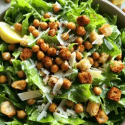 - Römersalat: Der Römersalat ist knackig und frisch. Er gibt dem Salat eine gute Textur. Ich zerrupfe ihn in mundgerechte Stücke, um das Essen einfacher zu machen. - Kichererbsen: Diese kleinen Hülsenfrüchte sind der Star in diesem Rezept. Sie sind nahrhaft und reich an Eiweiß. Ich verwende eine Dose Kichererbsen, die gut gespült wird, um die überschüssige Salzlösung zu entfernen. - Parmesan und Alternativen: Parmesan bringt einen salzigen, würzigen Geschmack. Ich bevorzuge geriebenen Parmesan, aber es gibt auch vegane Alternativen. Diese sind eine tolle Option für alle, die Milchprodukte meiden.