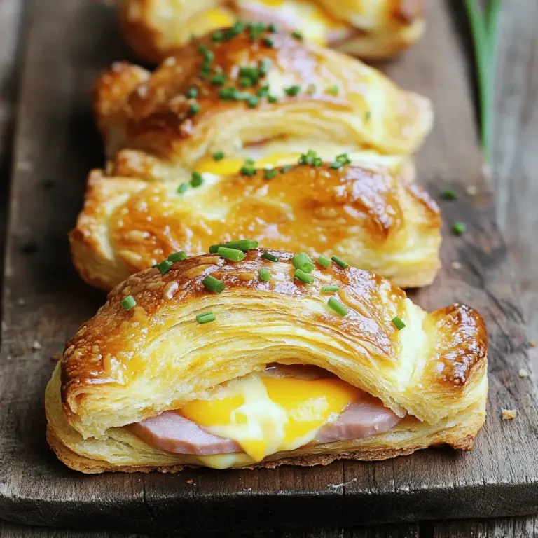 - 6 Blätter Croissant-Teig - 200 g Schinken, dünn geschnitten - 200 g Käse, gerieben oder in Scheiben