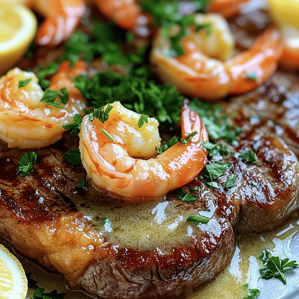 - 2 Ribeye-Steaks (je ca. 200g) - 300g große Garnelen, geschält und entdarmt - 4 Esslöffel ungesalzene Butter - 4 Knoblauchzehen, gehackt