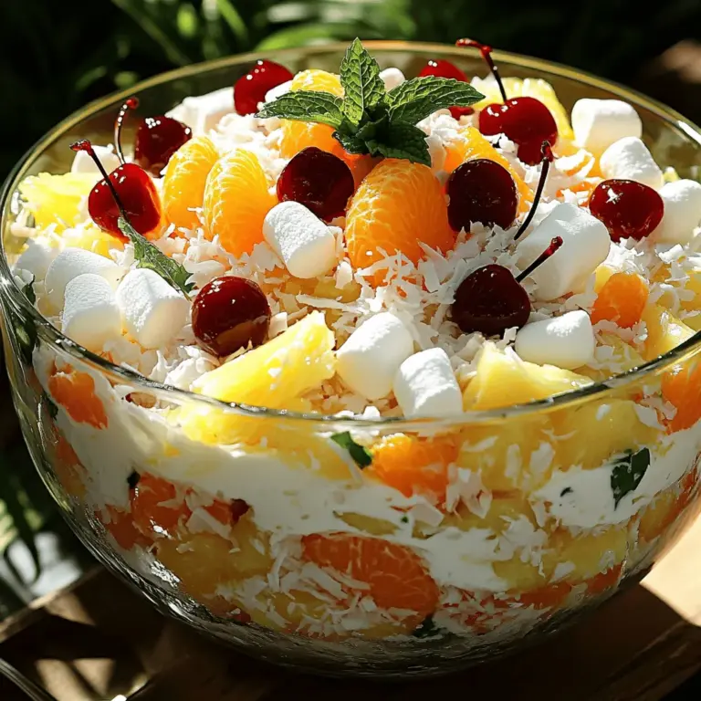 Um den Ambrosia Salat zuzubereiten, folgen Sie diesen einfachen Schritten: 1. Nehmen Sie eine große Schüssel. Mischen Sie dort die Mini-Marshmallows, Ananasstücke und Mandarinorangen. Rühren Sie vorsichtig, damit die Früchte ganz bleiben. 2. Fügen Sie die geraspelte Kokosnuss und die halbierten Maraschino-Kirschen hinzu. Vermengen Sie alles sanft. 3. In einer anderen kleinen Schüssel mischen Sie den griechischen Joghurt, die gehackten Walnüsse und den Vanilleextrakt. Rühren Sie gut, bis alles gleichmäßig ist. 4. Gießen Sie die Joghurtmischung über die Früchte. Heben Sie die Mischung vorsichtig unter, damit alles gut verteilt ist. 5. Decken Sie die Schüssel mit Frischhaltefolie ab. Stellen Sie sie für mindestens eine Stunde in den Kühlschrank. 6. Rühren Sie vor dem Servieren den Salat vorsichtig um. Passen Sie die Süße an, wenn nötig. 7. Übertragen Sie den Salat in eine Servierschüssel. Garnieren Sie ihn mit frischen Minzblättern. Ein paar einfache Tipps können helfen, Fehler zu vermeiden: - Rühren Sie die Früchte vorsichtig. Zu starkes Rühren kann die Früchte zerdrücken. - Lassen Sie die Mischung im Kühlschrank gut durchziehen. So schmecken die Aromen besser. - Achten Sie auf die Konsistenz des Joghurts. Verwenden Sie nicht zu viel, um eine flüssige Mischung zu vermeiden. Um effizient zu arbeiten, beachten Sie diese Punkte: - Bereiten Sie alle Zutaten im Voraus vor. So sparen Sie Zeit. - Planen Sie die Kühlzeit ein. Eine Stunde ist wichtig für den besten Geschmack. - Nutzen Sie die Zeit, während der Salat kühlt, um den Tisch zu decken oder andere Snacks vorzubereiten. Mit dieser Schritt-für-Schritt-Anleitung wird Ihr Ambrosia Salat einfach und frisch gelingen. Denken Sie daran, das [Full Recipe] zu nutzen, um alle Details zu sehen. Um den Geschmack Ihres Ambrosia-Salats zu intensivieren, wählen Sie frische Früchte. Reife Ananas und süße Mandarinen bringen viel Geschmack. Sie können auch einen Spritzer Zitronensaft hinzufügen. Das gibt dem Salat eine frische Note. Verwenden Sie hochwertigen Vanilleextrakt für mehr Tiefe. Ein Hauch von Zimt kann ebenfalls faszinierende Aromen erzeugen. Experimentieren Sie mit verschiedenen Kombinationen, um das perfekte Gleichgewicht zu finden. Die richtige Konsistenz macht den Ambrosia-Salat besonders. Zu viel Joghurt kann ihn wässrig machen. Beginnen Sie mit weniger Joghurt und fügen Sie mehr hinzu, wenn nötig. Achten Sie darauf, die Marshmallows und Früchte vorsichtig zu vermengen. So bleiben sie ganz und der Salat hat eine schöne Textur. Kühlen Sie den Salat für mindestens eine Stunde, damit sich die Aromen entfalten. Das hilft, die Zutaten gut zu binden. Eine ansprechende Präsentation macht den Salat noch leckerer. Servieren Sie ihn in einer großen Glasschüssel, damit die bunten Schichten sichtbar sind. Für eine elegantere Variante nutzen Sie Dessertgläser. Das sieht toll aus und ist einfach zu portionieren. Streuen Sie etwas geraspelte Kokosnuss oder gehackte Nüsse oben drauf. Frische Minzblätter sind eine schöne Garnitur und bringen Farbe. Für das vollständige Rezept besuchen Sie die [Full Recipe]. {{image_4}} Ambrosia-Salat ist sehr anpassbar. Sie können viele Früchte verwenden. Versuchen Sie, Erdbeeren oder Trauben hinzuzufügen. Diese Früchte bringen eine süße Note. Auch Äpfel passen gut dazu. Sie geben dem Salat einen knackigen Biss. Mischungen aus tropischen Früchten machen den Salat spannend. Mango oder Kiwi sind tolle Optionen. Experimentieren Sie mit Ihrer Lieblingsfrucht. Haben Sie spezielle Diäten? Kein Problem! Sie können griechischen Joghurt durch Kokosjoghurt ersetzen. So wird der Salat vegan. Verwenden Sie auch zuckerfreie Mini-Marshmallows. Achten Sie darauf, die Nüsse zu wählen, die für Sie geeignet sind. Für glutenfreie Optionen achten Sie auf die Zutaten. Genießen Sie den Salat ohne Gluten, ganz einfach. Nutzen Sie saisonale Früchte für den besten Geschmack. Im Sommer sind frische Beeren ideal. Sie sorgen für eine süße und saftige Note. Im Herbst probieren Sie Äpfel oder Birnen. Diese Früchte bringen Wärme. Sie können auch Zimt hinzufügen, um den Geschmack zu verstärken. Im Winter sind Zitrusfrüchte perfekt. Sie bringen Frische und Farbe. Nutzen Sie die Saison, um den Salat zu variieren. Ambrosia-Salat bleibt frisch, wenn Sie ihn richtig lagern. Verwenden Sie einen luftdichten Behälter. Dies verhindert, dass der Salat austrocknet oder Gerüche aufnimmt. Es ist wichtig, den Salat im Kühlschrank zu halten. So bleibt er kühl und lecker. Der Salat hält sich gut im Kühlschrank. Sie können ihn bis zu drei Tage aufbewahren. Nach dieser Zeit kann die Frische nachlassen. Die Früchte können matschig werden und die Aromen verblassen. Am besten genießen Sie ihn frisch. Haben Sie Reste? Das ist kein Problem! Sie können den Salat in Joghurt oder auf Haferflocken geben. Dies gibt Ihrem Frühstück einen fruchtigen Kick. Sie können auch den Salat in eine Torte füllen oder auf Pfannkuchen servieren. So vermeiden Sie Abfall und genießen neue Gerichte! Ambrosia-Salat ist ein süßer, fruchtiger Salat. Er hat seinen Namen von den Göttern der griechischen Mythologie. Man macht ihn aus frischen Früchten, Mini-Marshmallows und Joghurt. Die Kombination macht den Salat cremig und lecker. Viele Menschen genießen ihn als Beilage oder Dessert. Ja, du kannst den Salat im Voraus zubereiten. Es ist sogar besser, ihn eine Stunde zu kühlen. So vermischen sich die Aromen gut. Du kannst den Salat bis zu zwei Tage im Kühlschrank aufbewahren. Stelle sicher, dass er gut abgedeckt ist, damit er frisch bleibt. Für Ambrosia-Salat sind Walnüsse und Pekannüsse am besten geeignet. Sie geben einen schönen Crunch. Du kannst die Nüsse auch weglassen, wenn du möchtest. Einige Leute mögen auch Mandeln oder Haselnüsse. Wähle, was dir am besten schmeckt. Der Blogbeitrag bietet eine klare Anleitung für die Zubereitung von Ambrosia-Salat. Wir haben die Hauptzutaten, die Zubereitungsschritte und wichtige Tipps betrachtet. Außerdem habe ich Variationen und Aufbewahrungsinfos geteilt. Mit den richtigen Zutaten und Techniken kannst du einen leckeren Salat kreieren. Denke daran, deine eigenen Ideen hinzuzufügen, um den Salat einzigartig zu machen. Experimentiere für den besten Geschmack. Viel Spaß beim Ausprobieren und Genießen!