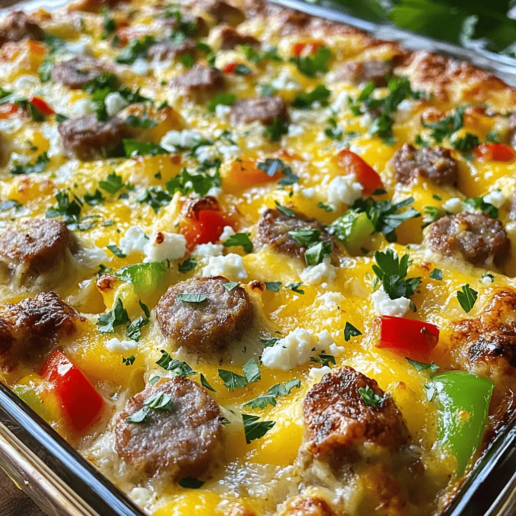 - 500 g Frühstückswurst, ohne Haut und in kleine Stücke geschnitten - 8 Eier - 200 ml Milch - 200 g geriebener Cheddar-Käse - 100 g Feta-Käse, zerbröckelt - 1 Tasse gewürfelte Paprika (rot und grün) - 1 Tasse gewürfelte Zwiebel - 1 Teelöffel Knoblauchpulver - 1 Teelöffel Paprikapulver - Salz und Pfeffer nach Geschmack - 1 Teelöffel frische Petersilie, gehackt (zur Garnitur)