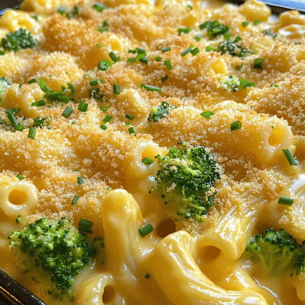 - 250 g Makkaroni - 200 g frischer Brokkoli, in Röschen - 300 g Cheddar-Käse, gerieben - 50 g Parmesan, gerieben - 60 g Butter - 60 g Mehl - 500 ml Milch - 1 Teelöffel Senf (optional) - 1/2 Teelöffel Knoblauchpulver - 1/2 Teelöffel Zwiebelpulver - Salz und Pfeffer nach Geschmack - 1 Prise Muskatnuss (optional) - 100 g Semmelbrösel (für eine knusprige Kruste)