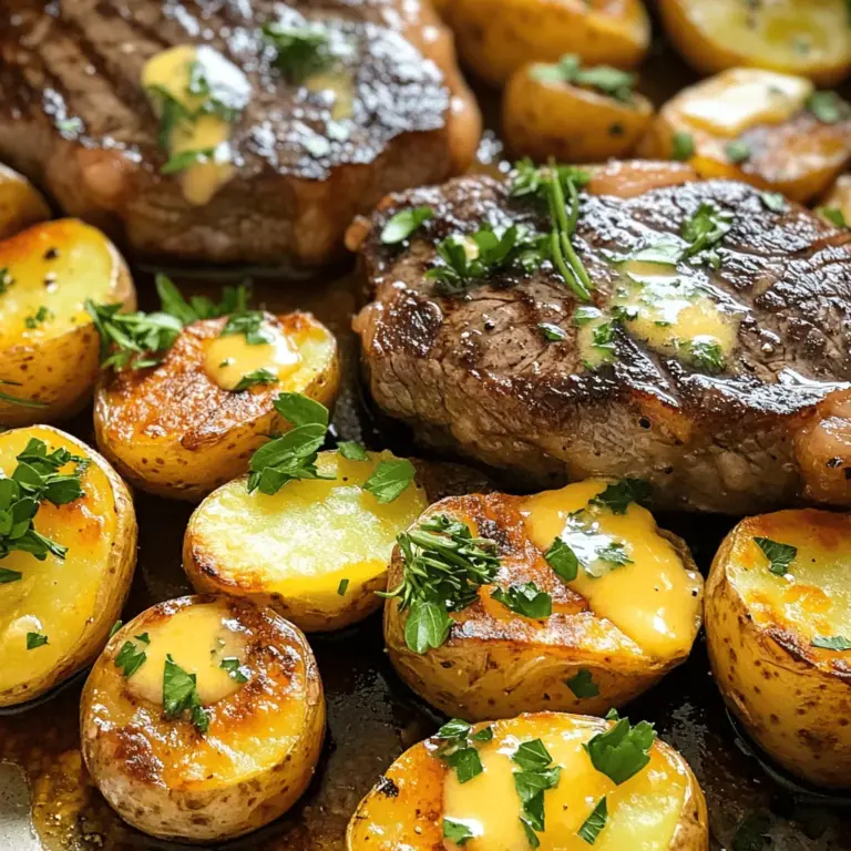 - 2 Steaks (z.B. Ribeye oder Filet), ca. 200g pro Stück - 500g kleine Kartoffeln, halbiert - 4 Knoblauchzehen, gehackt - 100g Butter