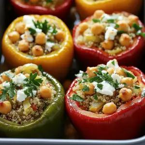- 4 große Paprika (rot, gelb, grün) - 200g Quinoa, ungekocht - 1 Dose Kichererbsen (400g), abgewaschen und abgetropft