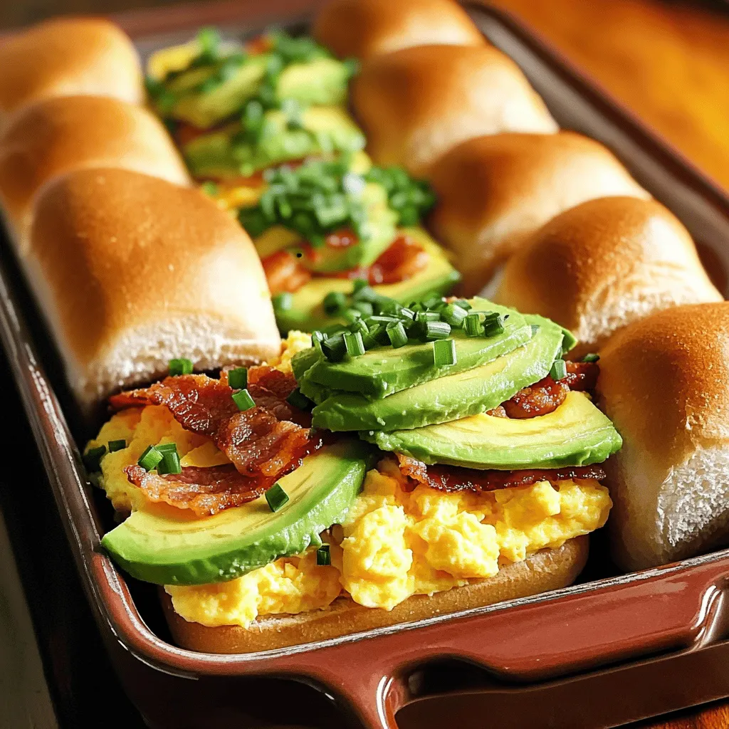 - 12 kleine Brötchen (Slider Buns) - 6 Eier - 6 Scheiben Speck - 1 reife Avocado, in Scheiben geschnitten - ½ Tasse geriebener Cheddar-Käse