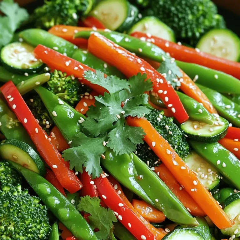 Für ein frisches Spring Vegetable Stir-Fry brauchst du: - 1 Tasse Zuckerschoten, geputzt - 1 Tasse Spargel, in 2,5 cm lange Stücke geschnitten - 1 Paprika (rot oder gelb), in dünne Streifen geschnitten - 1 Tasse Babymöhren, schräg aufgeschnitten - 1 kleine Zucchini, gewürfelt - 1 Tasse Brokkoliröschen - 2 Esslöffel Pflanzenöl - 3 Knoblauchzehen, gehackt - 1 Esslöffel frischer Ingwer, gerieben - 2 Esslöffel Sojasoße - 1 Esslöffel Sesamöl - Salz und Pfeffer nach Geschmack - 1 Esslöffel Sesamsamen zum Garnieren - Frischer Koriander zum Garnieren (nach Belieben) Diese Zutaten sind der Schlüssel zu einem bunten und gesunden Gericht. Wähle frisches Gemüse für den besten Geschmack. Achte darauf, dass dein Gemüse knackig und frisch ist. So bleibt der Geschmack lebendig. Du kannst auch andere Gemüsesorten ausprobieren, um das Rezept anzupassen. Für die Öle und Gewürze verwenden wir Pflanzenöl, Sojasoße und Sesamöl. Diese geben dem Gericht Tiefe und Aroma. Salz und Pfeffer helfen, den Geschmack zu verstärken. Garnierungen wie Sesamsamen und frischer Koriander machen das Gericht noch schöner. Sie fügen auch frische und Textur hinzu. Wenn du mehr über die Zubereitung wissen möchtest, schau dir das Full Recipe an. Zuerst wasche das Gemüse gut. Schneide dann die Zuckerschoten, Spargel und Paprika. Halbiere die Babymöhren und würfle die Zucchini. Teile die Brokkoliröschen in kleine Stücke. Lege alles in separate Schalen. So hast du alles bereit, wenn du kochst. Halte deinen Arbeitsbereich sauber und ordentlich, um Zeit zu sparen. Erhitze zwei Esslöffel Pflanzenöl in einem Wok oder einer großen Pfanne. Stelle die Hitze auf mittelhoch. Wenn das Öl heiß ist, füge den gehackten Knoblauch und den geriebenen Ingwer hinzu. Brate sie für etwa 30 Sekunden an, bis sie duften. Dies gibt dem Gericht einen tollen Geschmack. Beginne mit den Babymöhren, Zuckerschoten und dem Spargel. Brate sie 2-3 Minuten an. Sie sollten leicht weich werden, aber immer noch knackig bleiben. Danach füge die Paprika, Zucchini und Brokkoliröschen hinzu. Brate alles weitere 3-4 Minuten. So bleibt das Gemüse frisch und bunt. Gieße die Sojasoße und das Sesamöl über das Gemüse. Mische alles gut, damit sich die Aromen verbinden. Brate das Gemüse noch eine Minute, bis es heiß ist. Schmecke mit Salz und Pfeffer ab. Übertrage die Mischung auf einen Teller. Bestreue sie mit Sesamsamen und garniere nach Belieben mit frischem Koriander. Für das vollständige Rezept schaue bitte auf die Full Recipe. Die richtige Garzeit ist wichtig für frisches Gemüse. Jedes Gemüse hat seine eigene Zeit zum Garen. Zum Beispiel: - Zuckerschoten: 2-3 Minuten - Spargel: 2-3 Minuten - Paprika und Zucchini: 3-4 Minuten - Brokkoli: 3-4 Minuten Halten Sie die Temperatur hoch, aber nicht zu hoch. Zu hohe Hitze kann das Gemüse verbrennen. Eine mittelhohe Hitze ist ideal, um das Gemüse gleichmäßig zu garen. Sie können die Aromen einfach ändern. Zum Beispiel: - Alternative Saucen: Verwenden Sie Teriyaki- oder Hoisin-Sauce für einen anderen Geschmack. - Gewürze: Fügen Sie Chili oder Kurkuma hinzu, um die Pfanne aufzupeppen. Passen Sie die Gewürze an Ihre Vorlieben an. Mögen Sie es scharf? Dann fügen Sie mehr Chili hinzu. Meal-Prep macht das Kochen schnell. Bereiten Sie das Gemüse vor und lagern Sie es in Schalen. So geht es schneller. Wenn Sie es eilig haben, schneiden Sie das Gemüse am Abend vorher. Dies spart Zeit am Tag des Kochens. Für eine einfache Zubereitung: Nutzen Sie gefrorenes Gemüse. Es ist oft schon geschnitten und bereit zum Kochen. Für die genauen Schritte und Zutaten schauen Sie sich das [Full Recipe](#) an. {{image_4}} Fügen Sie Protein hinzu, um Ihr Gericht zu verbessern. Tofu ist eine tolle Wahl. Er nimmt die Aromen gut auf. Schneiden Sie den Tofu in Würfel und braten Sie ihn goldbraun an. Hühnchen ist ebenfalls sehr beliebt. Verwenden Sie Hähnchenbrust, die Sie in Streifen schneiden. Braten Sie das Hühnchen zuerst an, bevor Sie das Gemüse hinzufügen. Garnelen sind eine weitere köstliche Option. Sie garen schnell und passen gut zu Gemüse. Rindfleisch ist auch lecker. Verwenden Sie dünne Rindfleischscheiben, die schnell garen. Achten Sie darauf, das Fleisch nicht zu lange zu braten, damit es zart bleibt. Experimentieren Sie mit verschiedenen Gemüsesorten. Saisonales Gemüse bringt frische Aromen. Probieren Sie Erbsen, grüne Bohnen oder Blumenkohl. Diese Optionen bieten neue Geschmäcker und Texturen. Wenn Sie etwas anderes wollen, tauschen Sie Gemüse aus. Zucchini kann durch Auberginen ersetzt werden. Paprika kann eine Mischung aus Farben haben. Verwenden Sie auch frische Kräuter, wie Basilikum oder Petersilie, um mehr Geschmack zu erhalten. Servieren Sie das Gemüsepfanne mit Beilagen. Reis passt hervorragend dazu. Verwenden Sie weißen oder braunen Reis, je nach Vorliebe. Quinoa ist eine gesunde Alternative. Ein frischer Salat ergänzt die Pfanne gut. Mischen Sie grüne Blätter mit einem einfachen Dressing. Dips, wie Hummus oder Joghurt, können ebenfalls serviert werden. Diese bieten eine erfrischende Note und runden das Gericht ab. Für das vollständige Rezept, schauen Sie sich die Frühlingserwachen Gemüsepfanne an! Kühlschranklagerung Bewahre die Reste in einem luftdichten Behälter auf. So bleibt das Gemüse frisch. Du kannst es im Kühlschrank bis zu drei Tage lagern. Achte darauf, dass das Gemüse gut abgekühlt ist, bevor du es verpackst. Das verhindert Kondenswasser und hält die Textur besser. Einfrieren der Gemüsepfanne Wenn du die Reste länger aufbewahren möchtest, friere die Gemüsepfanne ein. Fülle sie in gefriergeeignete Beutel oder Behälter. Entferne so viel Luft wie möglich, um Gefrierbrand zu vermeiden. Die Gemüsepfanne kann bis zu drei Monate im Gefrierfach bleiben. Zum Auftauen stelle sie einfach über Nacht in den Kühlschrank. Mikrowelle vs. Pfanne Du kannst die Reste in der Mikrowelle aufwärmen. Stelle die Pfanne in eine Schüssel mit Wasser, um die Feuchtigkeit zu halten. Alternativ kannst du die Gemüsepfanne in einer Pfanne bei mittlerer Hitze aufwärmen. Das gibt dir mehr Kontrolle über die Konsistenz. Vermeidung von Überkochen Achte darauf, das Gemüse nicht zu lange zu erhitzen. Überkochen macht das Gemüse weich und matschig. Erhitze es einfach, bis es warm ist. So bleibt der Geschmack frisch und lebendig. Im Kühlschrank bleibt die Gemüsepfanne bis zu drei Tage frisch. Lagern Sie sie in einem luftdichten Behälter. So bleibt der Geschmack erhalten. Wenn Sie die Konsistenz lieben, essen Sie die Reste lieber schnell. Das Gemüse kann nach ein paar Tagen weich werden. Ja, gefrorenes Gemüse ist eine gute Option. Es spart Zeit und ist oft günstiger. Achten Sie darauf, es vorher aufzutauen. Die Nachteile sind, dass gefrorenes Gemüse manchmal weniger knackig ist. Wenn Sie den vollen Geschmack wollen, frisches Gemüse ist die beste Wahl. Die besten Beilagen sind Reis oder Quinoa. Diese Beilagen sind leicht und gesund. Auch ein frischer Salat passt gut dazu. Wenn Sie mehr Protein möchten, fügen Sie Tofu oder Hühnchen hinzu. Diese Kombination macht das Essen nahrhaft und lecker. Ja, die Gemüsepfanne ist vegan. Die Zutaten sind alle pflanzlich. Wenn Sie eine glutenfreie Option wollen, verwenden Sie tamari anstelle von Sojasoße. Dies macht das Gericht für alle geeignet. Sie können auch das Sesamöl weglassen, falls nötig. Fügen Sie mehr Knoblauch oder Ingwer hinzu für einen intensiveren Geschmack. Chili-Flocken geben einen scharfen Kick. Auch Sojasoße kann verstärkt werden. Experimentieren Sie mit verschiedenen Kräutern, wie Basilikum oder Koriander. So bringen Sie Abwechslung in Ihr Gericht. Eine Gemüsepfanne ist einfach zuzubereiten und voller Geschmack. Wir haben die wichtigsten Zutaten besprochen, die du brauchst. Die Schritt-für-Schritt-Anleitung hilft dir beim Anbraten und Würzen. Außerdem habe ich dir Tipps gegeben, um die Garzeit zu optimieren und die Würze anzupassen. Variationen wie Proteinquellen und saisonales Gemüse bieten dir viele Auswahlmöglichkeiten. Denk daran, wie man Reste richtig lagert. Mit diesen Informationen kannst du leckere und gesunde Mahlzeiten zubereiten, die du gerne teilst. Viel Spaß beim Kochen!