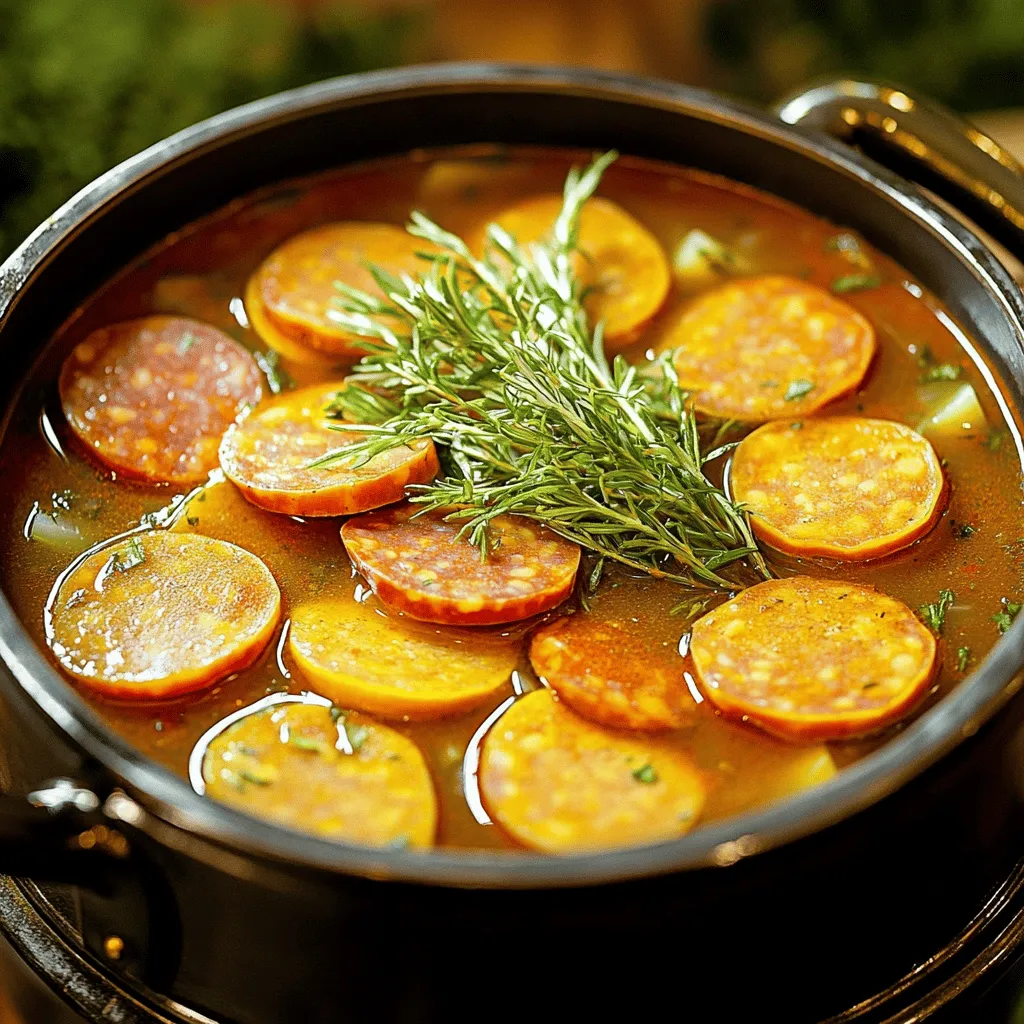 Um eine einfache Saucensuppe zu machen, brauchst du frische Zutaten. Die Hauptzutat sind 400 g Bratwürste. Diese schneidest du in Scheiben. Eine große Zwiebel, zwei Knoblauchzehen, zwei Karotten, zwei Selleriestangen und eine rote Paprika kommen ebenfalls in die Suppe. Diese Zutaten sorgen für Geschmack und Farbe.