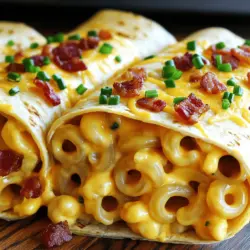 Ein Bacon Mac’n’cheese Burger Wrap vereint zwei beliebte Gerichte in einem. Er enthält saftiges Rinderhackfleisch, cremige Makkaroni und knusprigen Bacon. Das Ganze wird in einen Tortilla-Wrap gehüllt. Diese Kombination macht den Wrap besonders lecker und sättigend.