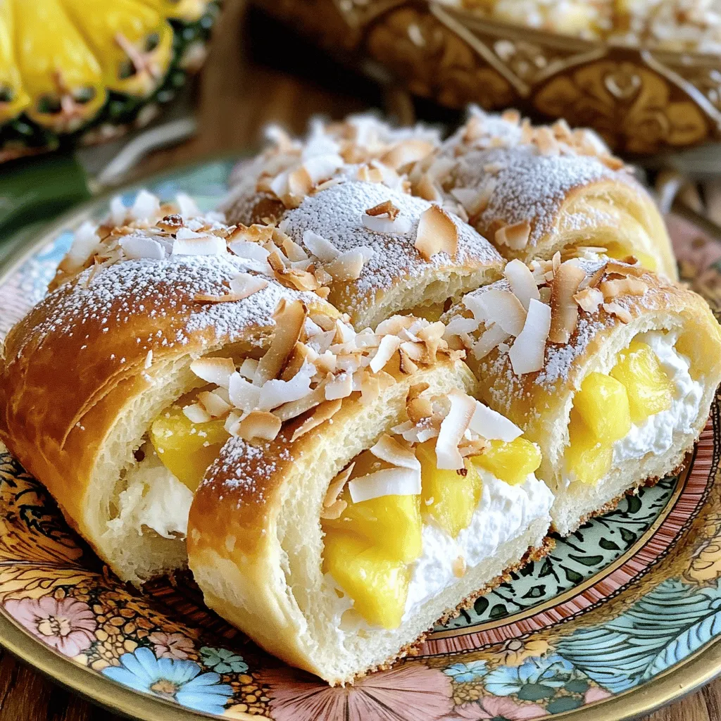 - 1 Packung Königliche Hawaiian Brötchen (12 Stück) - 400 g Frischkäse, weich - 100 g Puderzucker - 200 g Ananasstücke, abgetropft und fein gehackt - 50 g Kokosraspel