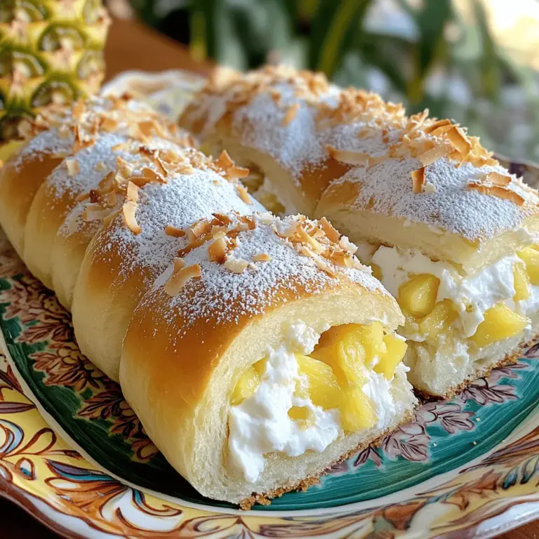 - 1 Packung Königliche Hawaiian Brötchen (12 Stück) - 400 g Frischkäse, weich - 100 g Puderzucker - 200 g Ananasstücke, abgetropft und fein gehackt - 50 g Kokosraspel