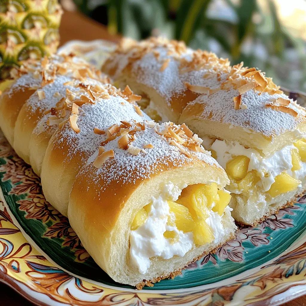 - 1 Packung Königliche Hawaiian Brötchen (12 Stück) - 400 g Frischkäse, weich - 100 g Puderzucker - 200 g Ananasstücke, abgetropft und fein gehackt - 50 g Kokosraspel