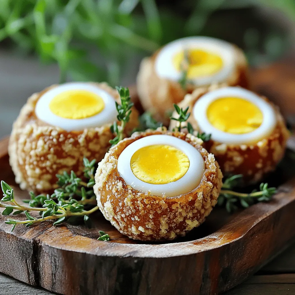 Scotch Eggs sind schottische Snacks. Sie bestehen aus einem hartgekochten Ei, das mit Wurst umhüllt ist. Die Eierschicht ist dann in Paniermehl gewälzt und frittiert. Diese Kombination macht sie knusprig und lecker.