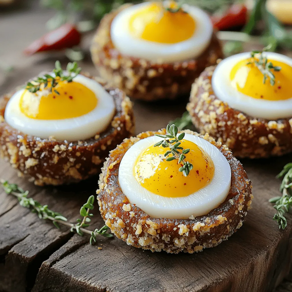 Scotch Eggs sind schottische Snacks. Sie bestehen aus einem hartgekochten Ei, das mit Wurst umhüllt ist. Die Eierschicht ist dann in Paniermehl gewälzt und frittiert. Diese Kombination macht sie knusprig und lecker.