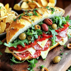 - Ciabatta-Roll oder Baguette - Wurst und Käse: Salami, Pepperoni, Provolone - Frisches Gemüse: Rucola, geröstete Paprika, Oliven - Gewürze und Öle: Olivenöl, Rotweinessig (optional), Salz und Pfeffer - Garnierung: Frische Basilikumblätter