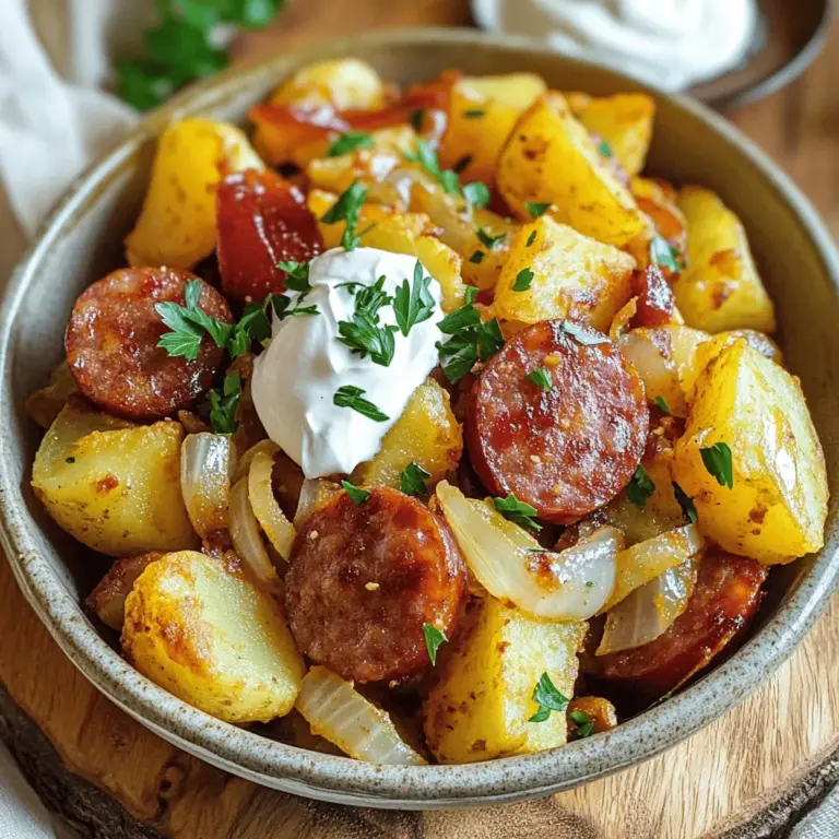 - 500 g festkochende Kartoffeln, gewaschen und geschält - 250 g polnische Wurst (z. B. Kielbasa), in Scheiben geschnitten - 1 große Zwiebel, gewürfelt