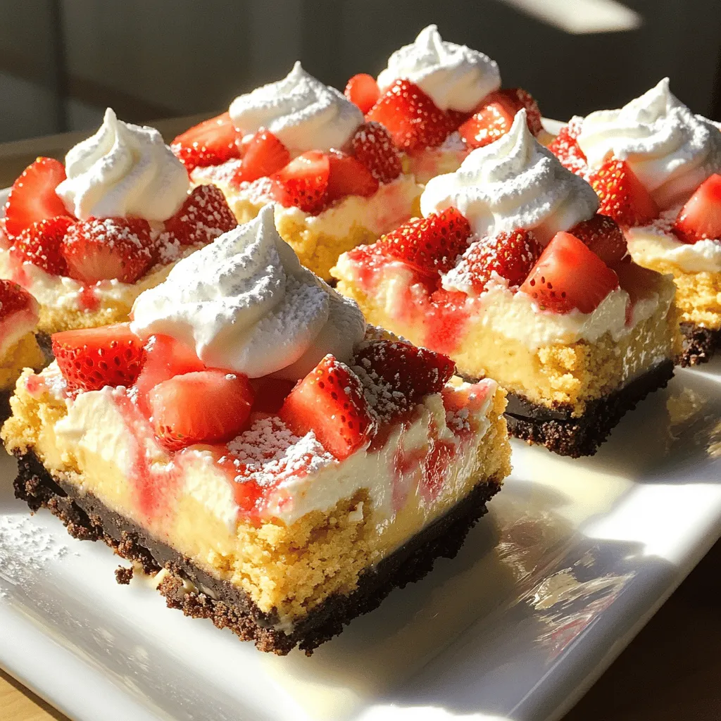 - 24 Goldene Oreo-Kekse, zerbröselt - 450 g Frischkäse, weich gemacht - 240 ml Schlagsahne - 250 g frische Erdbeeren, gewürfelt Die Goldenen Oreo-Kekse bilden die Basis dieser Riegel. Sie geben eine süße und knusprige Kruste. Frischkäse sorgt für die cremige Füllung. Die Schlagsahne macht die Mischung leicht und luftig. Frische Erdbeeren bringen eine saftige Note und Farbe ins Spiel. - 4 Esslöffel ungesalzene Butter, geschmolzen - 120 g Puderzucker - 1 Teelöffel Vanilleextrakt - 1 Esslöffel Gelatine - 3 Esslöffel kaltes Wasser - Eine Prise Salz Die geschmolzene Butter hilft, die Kruste zusammenzuhalten. Puderzucker süßt die Füllung und sorgt für eine feine Textur. Vanilleextrakt fügt einen reichen Geschmack hinzu. Gelatine stabilisiert die Masse, damit sie fest wird. Eine Prise Salz hebt die Aromen hervor, macht alles noch besser. Für das vollständige Rezept schaue dir den [Full Recipe] an. Um die Kruste für die Goldene Oreo Strawberry Cheesecake Bars zuzubereiten, zerbrich die Goldenen Oreos in einer Schüssel. Du kannst dies mit den Händen oder einem Mixer machen. Füge die geschmolzene Butter hinzu und vermische alles gut. Die Mischung sollte feucht, aber nicht zu nass sein. Jetzt drücke die Mischung gleichmäßig in eine mit Backpapier ausgelegte 23x23 cm Backform. Achte darauf, dass der Boden fest und gleichmäßig ist. Stelle die Form für 15 Minuten in den Kühlschrank, damit die Kruste fest wird. Für die Käsekuchenfüllung nimm eine große Rührschüssel. Schlage den weichen Frischkäse mit einem Handmixer glatt. Füge dann nach und nach den Puderzucker und den Vanilleextrakt hinzu. Mische alles gut, bis eine glatte Masse entsteht. Jetzt kommen die frischen Erdbeeren ins Spiel. Würfle sie klein und hebe sie vorsichtig unter die Frischkäsemischung. Das sorgt für einen fruchtigen Geschmack. In einer separaten Schüssel schlägst du die Schlagsahne, bis sich weiche Spitzen bilden. Hebe die geschlagene Sahne vorsichtig unter die Käsekuchenmasse. So bleibt die Füllung leicht und luftig. Um die Riegel zusammenzustellen, gib die Gelatine in eine kleine Schüssel mit kaltem Wasser. Lass sie etwa 5 Minuten quellen. Danach erhitze die Gelatine kurz in der Mikrowelle, bis sie flüssig ist. Rühre die Gelatinemischung in die Käsekuchenmasse. Mische alles gut, bis die Gelatine vollständig integriert ist. Jetzt gieße die Käsekuchenfüllung gleichmäßig über die gekühlte Goldene Oreo-Kruste. Verwende einen Spatel, um die Oberfläche glatt zu streichen. Decke die Backform mit Frischhaltefolie ab und stelle sie für mindestens 4 Stunden in den Kühlschrank, damit die Riegel fest werden. Nach dem Festsetzen kannst du die Riegel in gleichmäßige Quadrate schneiden und servieren. Um die Goldene Oreo Strawberry Cheesecake Bars perfekt hinzubekommen, ist das Kühlen sehr wichtig. Lassen Sie die Kruste gut im Kühlschrank fest werden. So bleibt sie knusprig und stabil. Nach der Zubereitung der Käsekuchenfüllung, kühlen Sie die Bars mindestens vier Stunden. Dies hilft der Masse, fest zu werden. Wenn die Riegel zu kurz gekühlt werden, können sie beim Schneiden zerfallen. Für die Schlagsahne ist es gut, eine kalte Schüssel zu benutzen. Kühlen Sie die Schüssel einfach vor dem Schlagen. Schlagen Sie die Sahne, bis sich weiche Spitzen bilden. Seien Sie sanft, wenn Sie die Sahne unter die Käsekuchenmasse heben. So bleibt die Mischung luftig und leicht. Präsentieren Sie die Riegel auf einer weißen Platte. Dies lässt die Farben der Erdbeeren strahlen. Garnieren Sie die Riegel mit frischen Erdbeeren und einer Prise Puderzucker. So sehen sie noch einladender aus. Sie können die Riegel auch mit einem kühlen Getränk servieren. Ein frischer Eistee oder eine Limonade passt gut dazu. Ergänzen Sie das Dessert mit kleinen Schokoladenstückchen oder Keksen. So haben Ihre Gäste noch mehr Auswahl. Probieren Sie diese Ideen aus, um einen besonderen Moment zu schaffen! {{image_4}} Eine gesunde Option ist die Verwendung von griechischem Joghurt. Er hat weniger Fett und mehr Protein als Frischkäse. Das macht die Riegel leichter und nahrhafter. Du kannst 200 g griechischen Joghurt anstelle von Frischkäse nutzen. Die Konsistenz wird etwas anders, aber immer noch lecker. Low-Carb-Optionen sind auch möglich. Du kannst die Goldenen Oreo-Kekse durch Mandelmehl oder Kokosmehl ersetzen. Diese Alternativen sind ideal für eine kohlenhydratarme Ernährung. Sie geben deinem Dessert einen neuen Twist und sind gesünder. Probiere verschiedene Früchte für mehr Abwechslung. Himbeeren oder Blaubeeren passen gut zu den Goldenen Oreos. Diese Früchte bringen eine frische Note und eine schöne Farbe in die Riegel. Du kannst auch pürierte Früchte verwenden, um die Füllung noch fruchtiger zu machen. Eine spannende Idee ist die Verwendung von verschiedenen Keksarten. Statt Goldene Oreos kannst du Schokoladenkekse oder sogar glutenfreie Kekse verwenden. Diese Variationen verändern den Geschmack und die Textur. So bleibt das Rezept immer interessant und du kannst deine Gäste überraschen. Um die Goldene Oreo Strawberry Cheesecake Bars richtig zu lagern, stelle sicher, dass sie gut gekühlt sind. Bewahre die Riegel in einem luftdichten Behälter im Kühlschrank auf. So bleiben sie frisch und lecker. Die Riegel halten sich dort etwa 5 bis 7 Tage. Achte darauf, sie vor dem Servieren gut zu kühlen. Wenn du die Riegel länger aufbewahren möchtest, beachte, dass sie am besten in ihrer ursprünglichen Form bleiben. Schneide die Riegel erst nach dem Kühlen in Stücke. Dadurch bleibt die Textur besser erhalten. Möchtest du die Käsekuchenriegel einfrieren? Das geht ganz einfach. Schneide die Riegel in Portionen und lege sie in einen luftdichten Behälter. Du kannst auch Frischhaltefolie verwenden, um sie einzupacken. So verhinderst du Gefrierbrand. Die Riegel können bis zu 3 Monate im Gefrierfach bleiben. Um sie später zu genießen, nimm sie einfach aus dem Gefrierfach. Lasse sie über Nacht im Kühlschrank auftauen. Wenn du es eilig hast, kannst du sie auch bei Raumtemperatur auftauen. So bleiben sie frisch und lecker, wenn du bereit bist, sie zu essen. Die Käsekuchenriegel bleiben im Kühlschrank etwa 5 bis 7 Tage frisch. Bewahren Sie sie in einem luftdichten Behälter auf. So bleibt die Textur gut und der Geschmack bleibt erhalten. Wenn Sie die Riegel länger aufbewahren möchten, können Sie sie einfrieren. Im Gefrierfach halten sie bis zu 3 Monate. Lassen Sie sie einfach im Kühlschrank auftauen, bevor Sie sie servieren. Ja, Sie können die Riegel im Voraus zubereiten. Bereiten Sie sie bis zu 2 Tage vorher zu und lagern Sie sie im Kühlschrank. Achten Sie darauf, die Riegel gut abzudecken. So bleibt die Frische erhalten. Wenn Sie sie einfrieren, stellen Sie sicher, dass sie vollständig abgekühlt sind, bevor Sie sie in den Gefrierschrank legen. So verhindern Sie Gefrierbrand. Es gibt viele Möglichkeiten, dieses Rezept zu ändern. Wenn Sie glutenfrei sind, versuchen Sie glutenfreie Kekse für die Kruste. Für eine gesündere Option können Sie griechischen Joghurt anstelle von Frischkäse verwenden. Sie können auch andere Früchte wie Himbeeren oder Blaubeeren verwenden. Experimentieren Sie ruhig mit verschiedenen Aromen, um Ihren persönlichen Geschmack zu finden. Dieser Artikel erklärt, wie man Goldene Oreo Erdbeer-Käsekuchen-Riegel macht. Wir haben die wichtigsten Zutaten, die Zubereitung und Tipps für perfekte Ergebnisse behandelt. Du kannst auch gesunde Alternativen und besondere Variationen ausprobieren. Denk daran, wie wichtig die richtige Lagerung ist, um die Riegel frisch zu halten. Mit diesen einfachen Schritten gelingen dir köstliche Riegel für jeden Anlass. Nutze die Tipps, um sie noch besser zu machen. Viel Spaß beim Ausprobieren!
