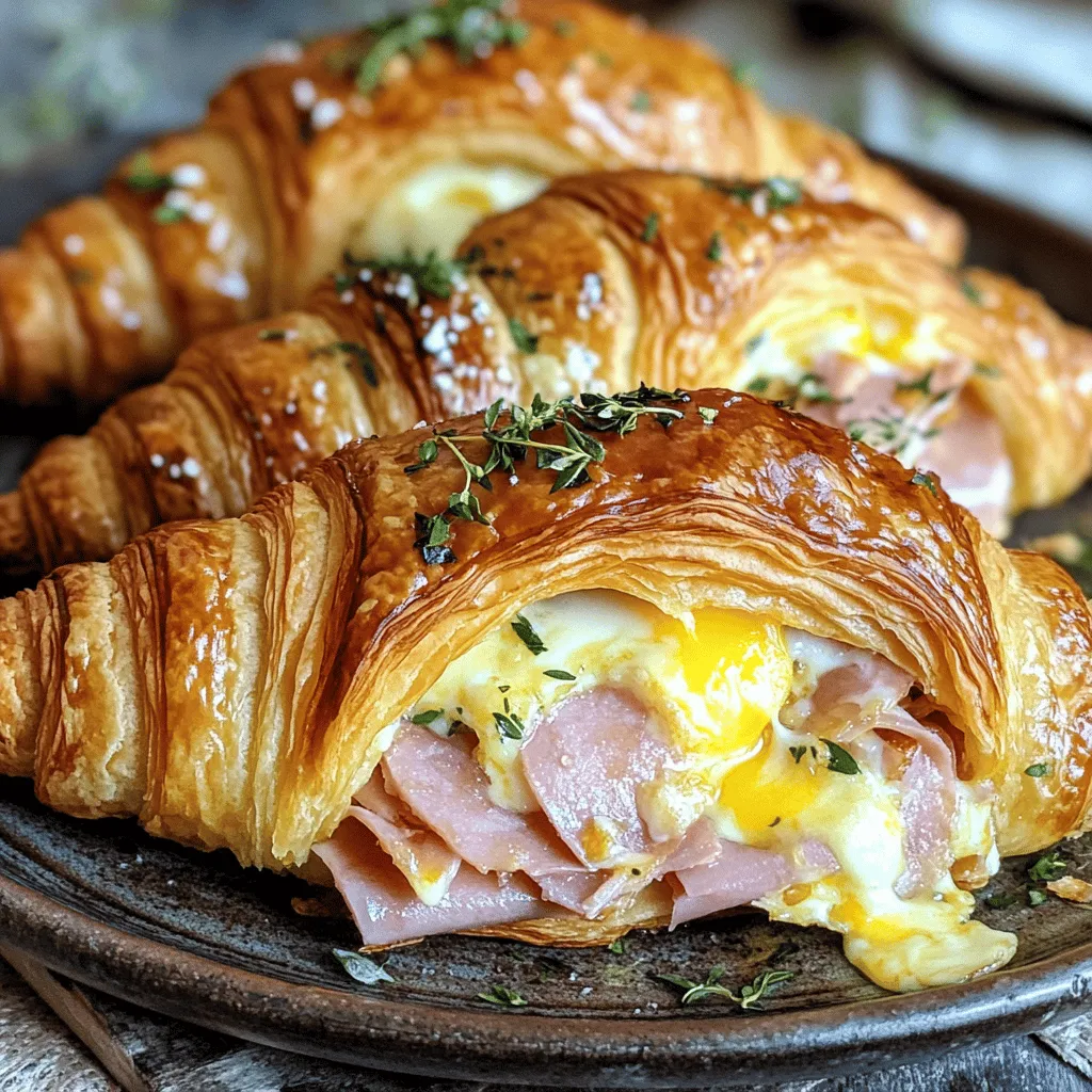 - 4 große Schokoladen-Croissants - 200 g Schinken, in dünnen Scheiben - 150 g Käse (z.B. Emmentaler oder Gouda), in Scheiben - 2 Eier - 100 ml Milch - 1 Teelöffel Senf - Salz und Pfeffer nach Geschmack - 1 Teelöffel frische oder getrocknete Kräuter (z.B. Oregano oder Thymian) - 1 Prise Muskatnuss (optional) - 1 Eigelb, zum Bestreichen