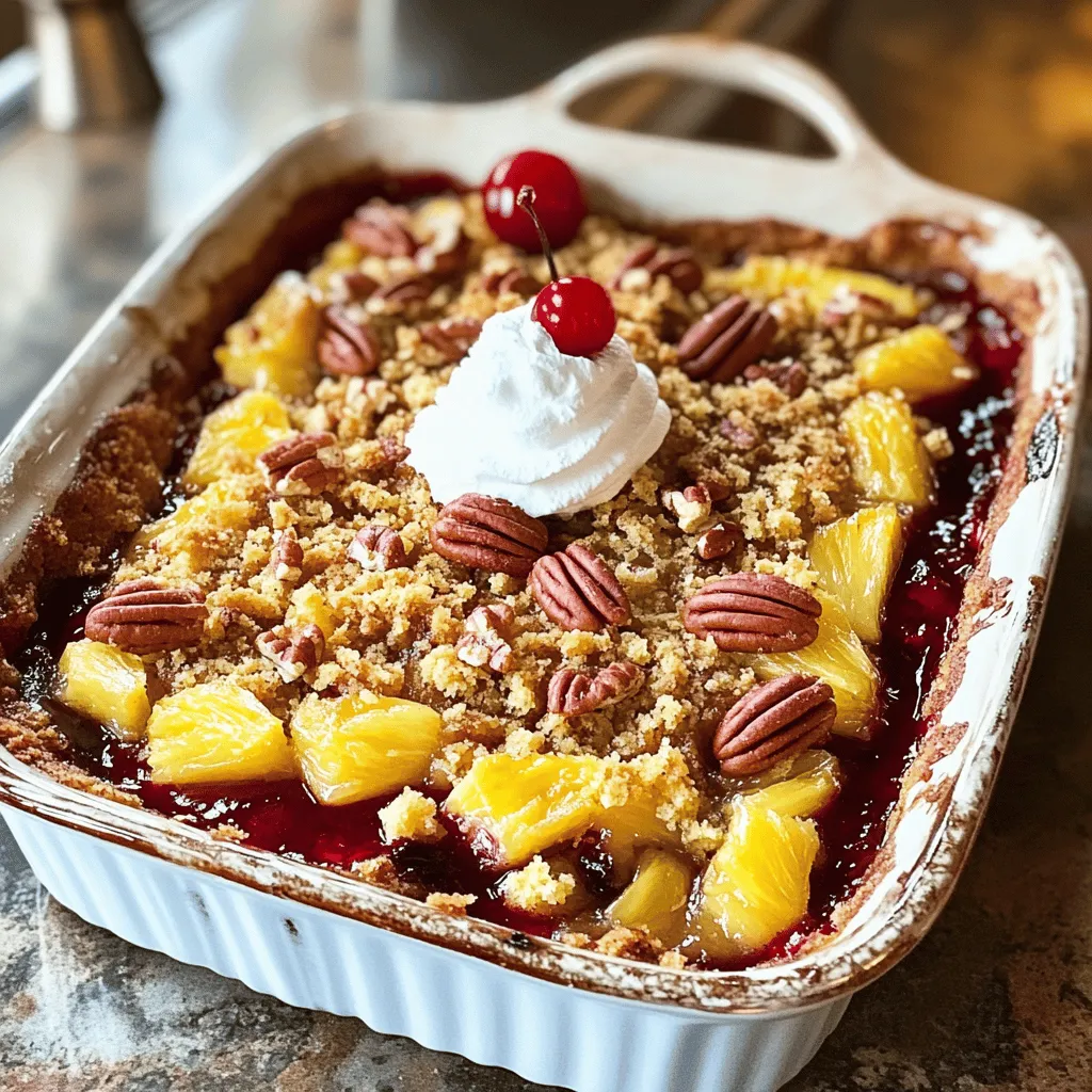 Für einen leckeren Kirsch-Ananas-Dumpkuchen brauchen Sie einige Hauptzutaten. Diese machen den Kuchen saftig und süß. Hier ist die Liste: - 1 Dose (560 g) Kirschfüllung für Kuchen - 1 Dose (560 g) zerdrückte Ananas, abgetropft - 1 Packung gelbe Kuchenmischung (gerne glutenfrei, falls gewünscht) - 115 g ungesalzene Butter, geschmolzen - 100 g gehackte Pekannüsse oder Walnüsse (optional) - 1 Teelöffel Vanilleextrakt - Schlagsahne oder Vanilleeis zum Servieren (optional) Diese Zutaten sind einfach zu finden. Die Kombination aus Kirschen und Ananas bringt einen fruchtigen Geschmack. Es gibt viele Wege, um diesen Kuchen anzupassen. Wenn Sie keine Kirschen mögen, können Sie andere Früchte verwenden. Hier sind einige Alternativen: - Pfirsiche oder Birnen statt Kirschen - Ananas kann durch Mangos ersetzt werden - Nutzen Sie eine glutenfreie Kuchenmischung, wenn nötig - Fügen Sie Zimt oder Muskatnuss für extra Geschmack hinzu Diese Alternativen machen den Kuchen vielseitig. Experimentieren Sie mit verschiedenen Früchten, um Ihren eigenen Twist zu finden. Um den Kuchen einfach zuzubereiten, benötigen Sie einige Utensilien. Diese helfen, den Prozess schnell und einfach zu gestalten: - Eine 23x33 cm große Auflaufform - Eine mittelgroße Schüssel zum Mischen - Einen Löffel oder Spatel zum Verteilen - Ein Ofen, um den Kuchen zu backen Diese Utensilien sind leicht zu finden und machen das Backen angenehm. Bereiten Sie alles vor, um einen schnellen und leckeren Kuchen zu backen. Zuerst heizen Sie den Ofen auf 175°C vor. Dies ist wichtig, damit der Kuchen gleichmäßig backt. Nehmen Sie dann eine Auflaufform, etwa 23x33 cm groß. Fetten Sie die Form leicht ein. So bleibt der Kuchen nicht kleben und lässt sich leicht herausnehmen. Beginnen Sie mit der Kirschfüllung. Öffnen Sie die Dose und gießen Sie die Kirschen gleichmäßig in die Auflaufform. Achten Sie darauf, die Füllung gut zu verteilen. Danach nehmen Sie die Dose mit der zerdrückten Ananas. Lassen Sie die Flüssigkeit gut ablaufen, bevor Sie die Ananas über die Kirschen geben. Auch hier sollten Sie die Ananas gleichmäßig verteilen. So bekommt jeder Bissen den perfekten Fruchtgeschmack. Jetzt kommen wir zur Teigmischung. In einer Schüssel vermengen Sie die gelbe Kuchenmischung, die geschmolzene Butter und das Vanilleextrakt. Rühren Sie die Mischung gut, bis sie krümelig ist. Eine vollständige Mischung ist nicht nötig, klumpige Stücke sind okay. Streuen Sie dann die Kuchenmischung gleichmäßig über die Schichten von Kirschen und Ananas. Wenn Sie Nüsse mögen, fügen Sie diese jetzt hinzu. Diese geben dem Kuchen einen tollen Crunch. Bald ist Ihr Kirschen-Ananas-Dumpkuchen fertig! Um den perfekten Kirsch-Ananas-Dumpkuchen zu backen, ist die Temperatur wichtig. Heizen Sie den Ofen auf 175°C vor. Diese Temperatur sorgt dafür, dass der Kuchen gleichmäßig backt. Die Backzeit beträgt 45 bis 50 Minuten. Achten Sie darauf, dass die Oberseite goldbraun ist. Die Füllung sollte an den Rändern blubbern. So wissen Sie, dass der Kuchen fertig ist. Ein häufiger Fehler ist, die Zutaten nicht richtig zu schichten. Legen Sie zuerst die Kirschfüllung und dann die Ananas. Mischen Sie die Kuchenmischung nicht zu lange. Eine krümelige Konsistenz ist perfekt. Wenn Sie die Nüsse hinzufügen, streuen Sie sie gleichmäßig. So bleibt der Kuchen knusprig. Überprüfen Sie den Kuchen während des Backens. Jeder Ofen kann anders sein. Für eine schöne Präsentation servieren Sie den Kuchen in einzelnen Schalen. Ein Klecks Schlagsahne obendrauf macht ihn besonders. Fügen Sie eine Kirsche hinzu, um den Look zu verbessern. So wird Ihr Dessert nicht nur lecker, sondern auch hübsch. Denken Sie daran, den Kuchen warm zu servieren. So schmeckt er am besten. Hier ist das vollständige Rezept: Kirschen-Ananas-Dumpkuchen. {{image_4}} Du kannst die Kuchenmischung leicht glutenfrei machen. Wähle einfach eine glutenfreie Mischung aus dem Geschäft. Achte darauf, dass sie gut für Kuchen geeignet ist. Diese Mischung funktioniert genauso gut wie die normale. Wenn du sie verwendest, achte darauf, die Anweisungen auf der Verpackung zu befolgen. Das sorgt für das beste Ergebnis. Es gibt viele Obstsorten, die du verwenden kannst. Du könntest zum Beispiel Pfirsiche oder Äpfel nehmen. Diese Früchte passen gut zu Kirschen und Ananas. Du kannst auch eine Mischung aus verschiedenen Früchten ausprobieren. Das ergibt einen interessanten Geschmack. Denk daran, die Fruchtfüllung gut abzutropfen, damit der Kuchen nicht zu feucht wird. Du kannst den Kuchen noch mehr aufpeppen! Füge Zimt oder Muskatnuss zur Kuchenmischung hinzu. Diese Gewürze geben dem Kuchen einen warmen, reichen Geschmack. Auch eine Prise Kokosnuss kann toll sein! Du kannst auch mit verschiedenen Extrakten spielen. Mandel- oder Kokosnuss-Extrakt bringen einen neuen Twist. So wird jeder Biss spannend und lecker! Um deinen Kirschen-Ananas-Dumpkuchen frisch zu halten, lass ihn zuerst abkühlen. Decke dann den Kuchen mit Frischhaltefolie oder Aluminiumfolie ab. Das hilft, die Feuchtigkeit zu bewahren. Du kannst auch einen luftdichten Behälter nutzen. Stelle sicher, dass der Kuchen gut verpackt ist, um Gerüche im Kühlschrank zu vermeiden. Wenn du den Kuchen wieder aufwärmen möchtest, schneide ein Stück ab. Lege es in die Mikrowelle für 10 bis 15 Sekunden. Du kannst auch den Ofen verwenden. Heize den Ofen auf 175°C vor. Stelle das Stück Kuchen auf ein Backblech und erwärme es für etwa 10 Minuten. So bleibt der Kuchen schön saftig. Im Kühlschrank hält sich der Kirschen-Ananas-Dumpkuchen etwa 3 bis 5 Tage. Wenn du ihn länger aufbewahren möchtest, friere ihn ein. Wickele den Kuchen gut ein und lege ihn in den Gefrierschrank. Dort bleibt er bis zu 3 Monate frisch. Vergiss nicht, ihn vor dem Servieren über Nacht im Kühlschrank auftauen zu lassen. Der Kuchen braucht 45 bis 50 Minuten im Ofen. Die Oberseite sollte goldbraun sein. Die Füllung an den Rändern muss blubbern. Verwenden Sie einen Zahnstocher, um zu testen, ob der Kuchen durch ist. Wenn er sauber herauskommt, ist der Kuchen fertig. Ja, Sie können andere Früchte verwenden. Pfirsiche, Äpfel oder Beeren passen gut. Achten Sie darauf, die Früchte gut abzutropfen. So bleibt der Kuchen nicht zu feucht. Experimentieren Sie mit verschiedenen Kombinationen. Jede Frucht bringt ihren eigenen Geschmack. Absolut! Der Kuchen ist einfach zuzubereiten und sieht toll aus. Er ist perfekt für Partys oder Feiern. Servieren Sie ihn warm mit Schlagsahne oder Vanilleeis. Die Gäste werden begeistert sein. Hier ist das vollständige Rezept: Kirschen-Ananas-Dumpkuchen. Der Kirschen-Ananas-Dumpkuchen ist einfach und lecker. Zu Beginn haben wir die Zutaten und das Zubehör besprochen. Danach habe ich eine klare Anleitung gegeben, wie du den Kuchen zubereitest. Tipps helfen dir, Backfehler zu vermeiden und deinen Kuchen perfekt zu machen. Es gibt auch Variationen für Glutenunverträglichkeiten und andere Obstoptionen. Insgesamt ist dieser Kuchen eine großartige Wahl für viele Anlässe. Probiere es aus und genieße jeden Bissen!