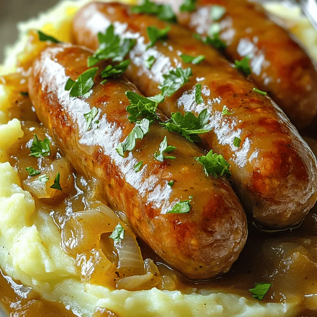 - 4 grobe Schweinswürstchen (Bangers) - 800 g Kartoffeln, geschält und gewürfelt - 200 ml Milch - 50 g Butter