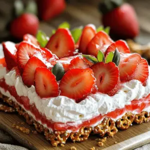 - 2 Tassen Brezel-Drehungen - 3 Esslöffel Kristallzucker - ½ Tasse ungesalzene Butter, geschmolzen - 8 oz Frischkäse, weich - 1 Tasse Puderzucker - 1 Tasse Schlagsahne (z. B. Cool Whip) - 2 Tassen frische Erdbeeren, entstielt und in Scheiben geschnitten - 1 Paket (6 oz) Erdbeergelee - 2 Tassen kochendes Wasser - 1 Tasse kaltes Wasser