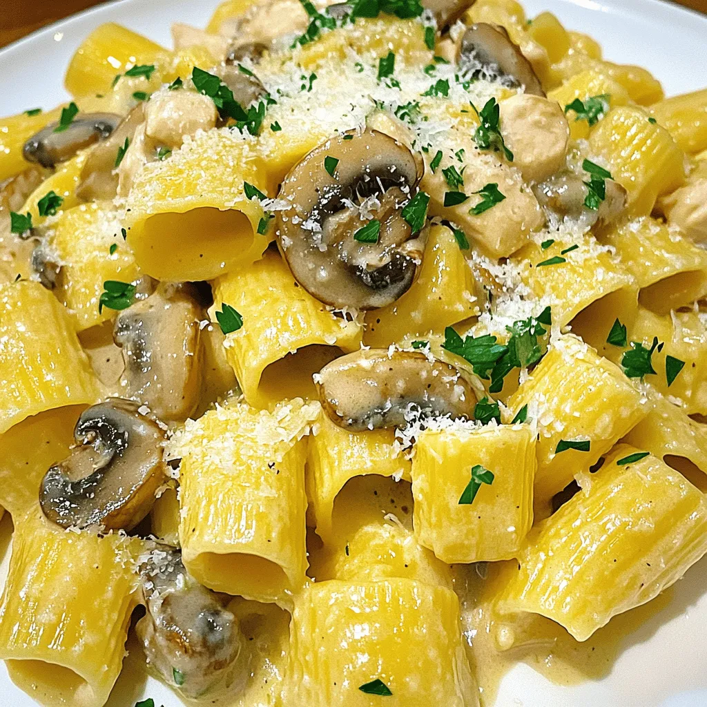 - <strong>Pasta:</strong> Für dieses Gericht empfehle ich 300 g Tagliatelle oder Spaghetti. Diese Nudeln nehmen die Sauce gut auf und geben einen tollen Biss. Achte darauf, die Pasta al dente zu kochen, damit sie beim Mischen nicht matschig wird.” /></p>
</p>
<h2>Variationen</h2>
</p>
<h3>Vegetarische Alternativen</h3>
<p>Wenn Sie vegetarisch essen möchten, gibt es tolle Optionen. Sie können eine Pilz-Pasta für Veggies machen. Nutzen Sie einfach verschiedene Pilzsorten. Sie bringen viel Geschmack. Auch Soja-Schnitzel sind eine gute Proteinquelle. Sie können die Hähnchenstücke ersetzen und behalten den Biss.</p>
</p>
<h3>Zusätzliche Zutaten</h3>
<p>Fügen Sie Gemüse hinzu, um das Gericht zu bereichern. Spinat oder Erbsen passen gut dazu. Diese Gemüse machen die Pasta noch gesünder und bunter. Nüsse sind eine weitere Option. Sie bringen mehr Textur und Nährstoffe. Cashews oder Pinienkerne sind besonders lecker.</p>
</p>
<h3>Asiatische Einflüsse</h3>
<p>Für einen anderen Geschmack können Sie asiatische Einflüsse hinzufügen. Teriyaki-Hühnchen ist eine spannende Abwandlung. Es gibt dem Gericht eine süßliche Note. Reisnudeln sind eine großartige alternative Nudeloption. Sie sind leicht und passen perfekt zur seidigen Sauce.</p>
</p>
<p>Sie finden die genauen Mengen und Zubereitung im [Full Recipe].</p>
</p>
</p>
<h2>Aufbewahrungsinformationen</h2>
</p>
<h3>Reste richtig lagern</h3>
</p>
<p>Wenn du Reste von Hähnchen und Champignon Pasta in seidiger Sauce hast, lagere sie richtig.</p>
</p>
<p>– <strong>Kühlung und Haltbarkeit:</strong> Lass die Pasta zuerst auf Raumtemperatur kommen. Danach packe sie in einen luftdichten Behälter. Im Kühlschrank hält sie sich gut für 3 bis 4 Tage. Achte darauf, dass die Sauce nicht dick wird, während sie kühlt.</p>
</p>
<p>– <strong>Einfrieren von Pasta-Gerichten:</strong> Du kannst die Pasta auch einfrieren. Teile sie in Portionen und lege sie in Gefrierbeutel. Drücke die Luft heraus und schließe sie gut. So hält sie bis zu 3 Monate.</p>
</p>
<h3>Wiederaufwärmen</h3>
</p>
<p>Das Aufwärmen erfordert etwas Sorgfalt, um die Textur zu bewahren.</p>
</p>
<p>– <strong>Beste Methoden zum Aufwärmen:</strong> Der beste Weg ist, die Pasta in einer Pfanne mit etwas Wasser oder Brühe zu erhitzen. So bleibt die Sauce cremig und die Pasta wird nicht trocken. Du kannst auch die Mikrowelle nutzen, aber achte darauf, die Pasta gut abzudecken.</p>
</p>
<p>– <strong>Tipps, um die Textur zu erhalten:</strong> Füge beim Aufwärmen etwas Sahne oder Nudelwasser hinzu. Dadurch bleibt die Sauce weich und leicht. Rühre gut um, damit alles gleichmäßig warm wird.</p>
</p>
<h2>FAQs</h2>
</p>
<h3>Wie lange dauert die Zubereitung von Chicken and Mushroom Pasta in Silky Sauce?</h3>
<p>Die Zubereitung dieser Pasta dauert insgesamt 30 Minuten. Davon sind 10 Minuten für die Vorbereitung und 20 Minuten für das Kochen. In der Vorbereitungszeit schneiden Sie das Hähnchen und die Champignons. Während das Wasser für die Pasta kocht, können Sie die Zwiebeln und den Knoblauch anbraten. Es ist einfach und schnell!</p>
</p>
<h3>Kann ich die Sahne durch eine gesündere Option ersetzen?</h3>
<p>Ja, es gibt gesündere Alternativen zur Sahne. Sie können griechischen Joghurt oder Kokosmilch verwenden. Beide Optionen machen die Sauce cremig und lecker. Griechischer Joghurt hat weniger Fett und viele Proteine. Kokosmilch gibt einen süßen Geschmack und ist perfekt für eine vegane Variante.</p>
</p>
<h3>Was passt gut als Beilage zu diesem Gericht?</h3>
<p>Zu Hähnchen und Champignon Pasta passen viele Beilagen. Ein frischer grüner Salat ist stets eine gute Wahl. Auch geröstetes Gemüse harmoniert gut. Wenn Sie Brot mögen, probieren Sie Knoblauchbrot dazu. Es ergänzt die seidige Sauce perfekt und macht das Essen noch besser.</p>
</p>
<h3>Wie kann ich das Gericht für eine größere Gruppe anpassen?</h3>
<p>Um dieses Gericht für mehr Personen zu machen, verdoppeln Sie einfach die Zutaten. Für vier Portionen nehmen Sie 600 g Hähnchen und 500 g Champignons. Achten Sie darauf, eine große Pfanne zu nutzen. So bleibt alles gleichmäßig gar. Wenn Sie mehr Pasta machen, planen Sie auch mehr Sauce ein. So bleibt das Gericht schön saftig.</p>
</p>
<p>Dieser Blogbeitrag hat die Grundlagen für ein köstliches Hähnchen-Pasta-Gericht erläutert. Wir haben die Hauptzutaten und ihre Zubereitung besprochen. Zudem gab es Tipps für die perfekte Sauce und Variationen, um das Gericht anzupassen. Achte beim Kochen besonders auf die Konsistenz und die richtigen Gewürze. Experimentiere mit vegetarischen Optionen oder asiatischen Akzenten. Die richtigen Lager- und Aufwärmtechniken helfen, Reste frisch zu halten. Mit diesen Ideen wird dein Pasta-Gericht immer ein Hit!</p>
</div>