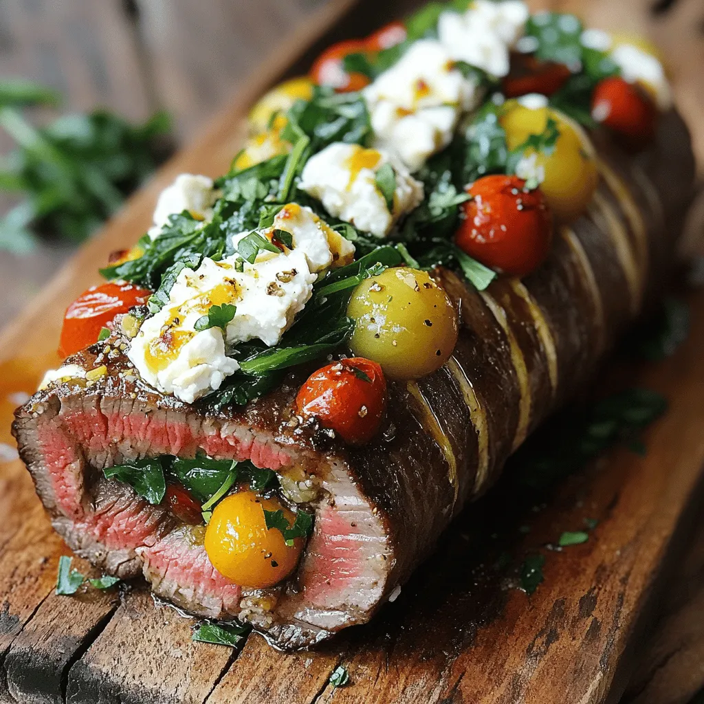 Um eine Flank Steak Roulade zuzubereiten, brauche ich gute Zutaten. Ich beginne mit 500 g Flanksteak. Dieses Fleisch ist zart und hat viel Geschmack. Dann füge ich 200 g zerbröckelten Feta-Käse hinzu. Der Feta gibt der Roulade eine cremige Textur. Ich nehme auch eine Tasse frischen Spinat. Der Spinat fügt Farbe und Nährstoffe hinzu.