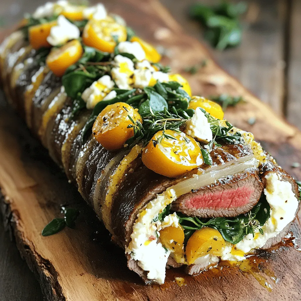 Um eine Flank Steak Roulade zuzubereiten, brauche ich gute Zutaten. Ich beginne mit 500 g Flanksteak. Dieses Fleisch ist zart und hat viel Geschmack. Dann füge ich 200 g zerbröckelten Feta-Käse hinzu. Der Feta gibt der Roulade eine cremige Textur. Ich nehme auch eine Tasse frischen Spinat. Der Spinat fügt Farbe und Nährstoffe hinzu.