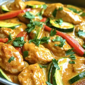 - 500 g Hähnchenbrust, gewürfelt - 2 große Zucchini, in Scheiben geschnitten - 2 rote Paprika, entkernt und in Streifen geschnitten