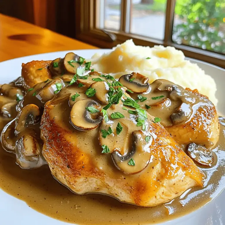 Für ein schmackhaftes Mushroom Chicken brauchst du einige Hauptzutaten. Diese sind: - 4 Hähnchenbrustfilets, ohne Haut und Knochen - 2 Tassen Cremini-Pilze, in Scheiben geschnitten - 1 mittelgroße Zwiebel, gewürfelt - 4 Knoblauchzehen, fein gehackt Diese Zutaten geben deinem Gericht Frische und Geschmack. Hähnchenbrust ist zart und reich an Protein. Die Cremini-Pilze sorgen für eine erdige Note. Zwiebeln und Knoblauch fügen Aromen hinzu, die das Gericht lebendig machen. Die richtigen Gewürze und Öle sind wichtig für den Geschmack. Du benötigst: - 1 Teelöffel getrockneter Thymian - 1 Teelöffel Paprika - 2 Esslöffel Olivenöl - Salz und Pfeffer nach Geschmack Thymian und Paprika bringen die Aromen zusammen. Olivenöl ist gesund und gibt eine schöne Bräunung. Salz und Pfeffer sind die Basis für jedes gute Gericht. Diese Gewürze helfen, die Aromen zu verstärken. Beilagen und Garnierungen machen das Gericht noch besser. Hier sind einige Vorschläge: - Frische Petersilie, gehackt (zur Garnitur) Eine einfache Garnierung wie frische Petersilie bringt Farbe. Du kannst auch cremige Kartoffelbrei oder geröstetes Gemüse dazu servieren. Diese Beilagen ergänzen das Mushroom Chicken perfekt. Für das vollständige Rezept schaue dir die [Full Recipe] an. - Würze die Hähnchenbrustfilets mit Salz, Pfeffer, Paprika und Thymian. - Schneide die Zwiebel in Würfel und die Pilze in Scheiben. Hacke den Knoblauch fein. - Erhitze das Olivenöl in einer großen Pfanne bei mittlerer Hitze. - Brate die Hähnchenfilets etwa 6-7 Minuten auf jeder Seite. Sie sollten goldbraun sein. - Nimm die Hähnchenbrustfilets aus der Pfanne und lege sie beiseite. - Gib die gewürfelte Zwiebel in die Pfanne und brate sie 3-4 Minuten an, bis sie glasig ist. - Füge die in Scheiben geschnittenen Pilze hinzu und brate sie weitere 5 Minuten. - Rühre den gehackten Knoblauch ein und brate ihn kurz mit. - Gieße die Hühnerbrühe hinein und lasse die Mischung 3 Minuten köcheln. - Reduziere die Hitze und rühre die Sahne nach und nach ein. - Lege das Hähnchen zurück in die Pfanne und löffle die Sauce darüber. - Lass alles 5 Minuten simmern, bis das Hähnchen gut durchgewärmt ist. - Schmecke die Sauce mit Salz und Pfeffer ab und serviere das Gericht. Für das vollständige Rezept, siehe [Full Recipe]. Um das Hähnchen perfekt zuzubereiten, achten Sie auf die Garzeit. Braten Sie die Hähnchenbrustfilets etwa 6-7 Minuten auf jeder Seite. Die Temperatur sollte bei mittlerer Hitze liegen. So bleibt das Hähnchen saftig und zart. Für extra Saftigkeit können Sie die Filets vor dem Braten in Marinade einlegen. Eine Mischung aus Olivenöl, Zitronensaft, und Gewürzen hilft dabei. Lassen Sie es mindestens eine Stunde marinieren. Eine cremige Sauce macht das Gericht besonders lecker. Um die Sauce cremig zu erhalten, fügen Sie die Sahne nach und nach hinzu. So vermischt sich die Sahne gut mit den anderen Zutaten. Für mehr Geschmack können Sie frische Kräuter oder Parmesan hinzufügen. Das verstärkt die Aromen im Gericht. Ein Spritzer Zitronensaft bringt Frische und hebt die Geschmäcker noch mehr hervor. Für das Rezept empfehle ich eine große Pfanne. Achten Sie darauf, dass sie eine gute Antihaftbeschichtung hat. So bleibt nichts kleben. Ein Holzlöffel ist perfekt, um die Zutaten zu rühren. Ein gutes Schneidebrett erleichtert das Vorbereiten der Zwiebel und Pilze. Ein scharfes Messer macht das Schneiden schnell und sicher. Für die Sauce ist ein kleiner Schneebesen nützlich. Damit können Sie die Sahne gut einrühren. Für das [Full Recipe](#) finden Sie alle Schritte zusammengefasst. {{image_4}} Um dein Pilz-Hühnchen noch cremiger zu machen, kannst du die Sahne erhöhen. Verwende eine Tasse Sahne und füge etwas Frischkäse hinzu. Das gibt einen tollen Geschmack. Du kannst auch etwas Parmesan in die Sauce geben. Das macht alles noch besser. Zutaten für eine Extra-Portion Geschmack: - 1 Tasse Sahne - 100 g Frischkäse - 50 g geriebener Parmesan Für ein schnelles Abendessen ist ein Mushroom Chicken Stir-Fry perfekt. Du brätst das Hähnchen in einer heißen Pfanne. Füge dann die Pilze und dein Gemüse hinzu. Brokkoli, Paprika oder Karotten passen gut. Das Ganze geht schnell und ist lecker. Schnelle Zubereitungsideen: - Hähnchen in Streifen schneiden - Gemüse in kleine Stücke schneiden Gemüseanpassungen: - Brokkoli - Paprika - Karotten Mushroom Chicken kann auch in Aufläufen verwendet werden. Mische das Hähnchen mit Nudeln und Gemüse. Das ergibt ein tolles Gericht. Du kannst es auch in Salaten oder Wraps verwenden. Es ist eine gute Idee, Reste zu nutzen. So sparst du Zeit und hast ein schnelles Mittagessen. - Pilz-Hühnchen in Aufläufen - Verwendung in Salaten oder Wraps Für das vollständige Rezept, schau dir das [Full Recipe] an. Um die Reste von Mushroom Chicken frisch zu halten, bewahre sie in einem luftdichten Behälter auf. Stelle sicher, dass die Speisen gut abgekühlt sind, bevor du sie hineinlegst. So bleibt der Geschmack erhalten. Du kannst die Reste bis zu drei Tage im Kühlschrank lagern. Im Kühlschrank bleibt dein Mushroom Chicken für etwa drei Tage frisch. Wenn du es länger aufbewahren möchtest, ist das Einfrieren eine gute Option. Um Mushroom Chicken einzufrieren, lasse es zuerst vollständig abkühlen. Teile das Gericht in Portionen auf und lege es in gefriergeeignete Behälter. Achte darauf, etwas Platz im Behälter zu lassen, damit die Speisen beim Gefrieren expandieren können. Beim Auftauen empfehle ich, das Gericht über Nacht im Kühlschrank zu lassen. So bleibt die Textur optimal. Du kannst es auch in der Mikrowelle auftauen, aber achte darauf, es gleichmäßig zu erwärmen. Um den besten Geschmack zu erhalten, erwärme das gefrorene Mushroom Chicken langsam auf niedriger Hitze. So vermeidest du ein Austrocknen des Hähnchens und der Sauce. Du kannst die Reste von Mushroom Chicken auf verschiedene Arten wiederverwenden. Zum Beispiel, füge es in einen Salat oder Wrap hinzu. Das gibt deinem Gericht einen neuen Twist und spart Zeit. Versuche, das Hähnchen mit Pasta oder Reis zu kombinieren. Du kannst auch eine Suppe mit den Resten machen. Das gibt dir eine warme, nahrhafte Mahlzeit. Erwärme die Reste in einer Pfanne auf mittlerer Hitze. Füge einen Schuss Hühnerbrühe hinzu, um die Sauce geschmeidig zu halten. So schmeckt das Gericht fast wie frisch zubereitet. Um das Hähnchen saftig zu halten, gibt es einige einfache Tipps. Zuerst würzen Sie das Hähnchen gut. Das hilft, den Geschmack zu verstärken. Verwenden Sie auch eine mittlere Hitze beim Braten. Zu hohe Hitze kann das Hähnchen austrocknen. Lassen Sie das Hähnchen nach dem Braten einige Minuten ruhen. So bleibt der Saft im Fleisch. Eine Marinade kann ebenfalls helfen. Verwenden Sie Joghurt oder Zitronensaft, um das Hähnchen zart zu machen. Ja, Sie können die Pilze ersetzen. Wenn Sie keinen Pilzgeschmack mögen, probieren Sie Zucchini oder Paprika. Champignons sind auch eine gute Wahl, wenn Sie etwas milderes möchten. Andere Optionen sind Auberginen oder Spinat. Diese Gemüsesorten geben dem Gericht einen anderen Geschmack, aber sind trotzdem lecker. Experimentieren Sie mit verschiedenen Gemüsen, um Ihre Favoriten zu finden. Das Rezept ist einfach anpassbar. Für eine Low-Carb-Option können Sie die Sahne durch Kokosmilch ersetzen. Das macht es leichter. Um es glutenfrei zu machen, stellen Sie sicher, dass die Brühe glutenfrei ist. Sie können auch die Menge an Sahne reduzieren, um Kalorien zu sparen. Achten Sie darauf, frische Kräuter zu verwenden. Sie sind gesund und geben Geschmack. Mushroom Chicken kann gesund sein. Hähnchenbrust ist eine gute Proteinquelle. Pilze sind reich an Vitaminen und Mineralien. Sie unterstützen das Immunsystem. Achten Sie jedoch auf die Sahne. Sie macht das Gericht cremig, aber auch kalorienreich. Verwenden Sie fettarme Sahne oder ersetzen Sie sie durch Brühe. So bleibt das Gericht leicht und nahrhaft. Beliebte Beilagen für Mushroom Chicken sind Kartoffelbrei und geröstetes Gemüse. Beide ergänzen den Geschmack gut. Sie können auch Reis oder Quinoa servieren. Diese Beilagen fangen die leckere Sauce auf. Ein einfacher grüner Salat macht das Essen frisch. Verwenden Sie saisonales Gemüse für mehr Geschmack und Farbe. Mushroom Chicken verbindet einfache Zutaten und tolle Aromen. Wir haben die besten Zutaten, die Zubereitung und kreative Variationen besprochen. Achte auf die Garzeiten, um das Hähnchen saftig zu halten. Bewahre Reste richtig auf, damit du sie später genießen kannst. Mit den Tipps und Tricks wird dein Gericht immer schmackhaft. Probiere verschiedene Beilagen und Anpassungen aus. So machst du jedes Mal ein leckeres Essen, das begeistert.