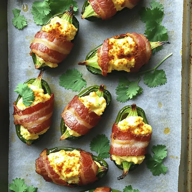 - 12 Scheiben Bacon - 12 kleine Jalapeños, halbiert und entkernt - 1 Paket (226 g) Frischkäse, weich - 1 Tasse geriebener Cheddar-Käse - 2 Teelöffel Chipotle-Pulver - 1 Teelöffel Knoblauchpulver - ¼ Tasse frischer Koriander, gehackt - Salz und Pfeffer nach Geschmack Um diese köstlichen Spicy Chipotle Breakfast Pigshots zuzubereiten, brauchen wir ein paar Hauptzutaten. Zuerst nehmen wir 12 Scheiben Bacon. Der Bacon gibt einen tollen Geschmack und macht die Pigshots knusprig. Dann benötigen wir 12 kleine Jalapeños. Diese müssen halbiert und entkernt werden, damit die Füllung gut hineinpasst. Als Nächstes kommt der weiche Frischkäse. Er sorgt für eine cremige Textur und einen tollen Geschmack. Die Gewürze sind ebenso wichtig. Eine Tasse geriebener Cheddar-Käse bringt einen würzigen Biss. Das Chipotle-Pulver gibt den Pigshots die richtige Schärfe. Fügen Sie auch einen Teelöffel Knoblauchpulver hinzu, um das Aroma zu verstärken. Für die Garnierung verwenden wir ¼ Tasse frischen Koriander, der frisch und grün ist. Er sieht nicht nur toll aus, sondern schmeckt auch gut. Vergessen Sie nicht, Salz und Pfeffer nach Geschmack hinzuzufügen. Diese Zutaten machen die Pigshots noch besser. Das ist alles, was Sie brauchen! Es ist einfach und macht Spaß, diese Pigshots zuzubereiten. Wenn Sie die vollständige Anleitung benötigen, schauen Sie sich das [Full Recipe] an. Heize deinen Ofen auf 200 °C vor. Lege ein Backblech mit Backpapier aus. Das hilft beim Reinigen. In einer großen Schüssel vermische den weichen Frischkäse, den geriebenen Cheddar-Käse, Chipotle-Pulver, Knoblauchpulver, Zwiebelpulver, geräuchertes Paprika-Pulver, sowie Salz und Pfeffer. Mische alles gut. Du willst eine glatte Käsesauce haben. Nimm jede Jalapeño-Hälfte und fülle sie mit der Käsesauce. Nutze einen Löffel oder einen Spritzbeutel, um es einfacher zu machen. Wickel dann jede gefüllte Jalapeño mit einer Scheibe Bacon ein. Achte darauf, dass die Füllung gut gesichert ist. Wenn nötig, benutze einen Zahnstocher. So bleibt der Bacon an Ort und Stelle. Lege die mit Bacon umwickelten Jalapeños auf das Backblech. Achte darauf, dass die Schnittfläche nach oben zeigt. Backe die Pigshots für 20-25 Minuten. Der Bacon sollte knusprig und goldbraun sein. Nach dem Backen nimm das Blech aus dem Ofen und lass die Pigshots kurz abkühlen. Garniere sie mit frischem, gehacktem Koriander und serviere sie warm. So schmecken sie am besten. Für das komplette Rezept besuche die Seite mit dem Full Recipe. Um den Bacon perfekt knusprig zu machen, stelle den Ofen auf 200 °C (400 °F) ein. Die optimale Backzeit für die Pigshots liegt bei 20 bis 25 Minuten. Achte darauf, dass der Bacon schön goldbraun ist. Wenn du dickeren Bacon wählst, verlängert sich die Backzeit. Dünner Bacon wird schneller knusprig, also behalte ihn im Auge. Wähle hochwertigen Bacon für den besten Geschmack. Bio-Bacon hat oft mehr Geschmack. Achte auf Bacon ohne Zusatzstoffe. Das macht deine Pigshots noch gesünder. Du kannst die Füllung ganz nach deinem Geschmack anpassen. Statt Cheddar kannst du auch Gouda oder Feta verwenden. Probiere verschiedene Gewürze aus, wie Pfeffer oder italienische Kräuter. Wenn du es milder magst, lass das Chipotle-Pulver weg oder reduziere die Menge. Für eine vegetarische Option nimm anstelle von Bacon Zucchini oder Auberginen. Fülle sie mit der gleichen Käsesauce. Das gibt dir eine leckere, fleischlose Variante. Die Pigshots passen gut zu vielen Beilagen. Serviere sie mit frischem Brot oder einem grünen Salat. Auch Dips wie Salsa oder Guacamole passen hervorragend dazu. Diese Snacks sind ideal für Partys oder als Vorspeisen. Denke daran, Pigshots bei Brunch-Partys anzubieten. Sie sind ein Hit bei jedem Frühstück oder Brunch. Du kannst sie auch als Snack für einen Filmabend servieren. Sie sind einfach lecker und kommen immer gut an. {{image_4}} Für mehr Geschmack können Sie verschiedene Gewürze hinzufügen. Zum Beispiel, probieren Sie Kreuzkümmel oder Cayennepfeffer. Diese geben den Pigshots einen anderen Kick. Sie können auch schärfere Chilischoten verwenden. Habaneros oder Serrano-Chilis erhöhen die Schärfe. Achten Sie darauf, die Menge anzupassen, damit es nicht zu scharf wird. Eine süße Note macht die Pigshots besonders. Kombinieren Sie sie mit BBQ-Sauce oder Honig. Die Süße passt perfekt zur Schärfe der Jalapeños. Experimentieren Sie auch mit verschiedenen Käsesorten. Gouda oder Blauschimmelkäse bringen neue Aromen. Diese Variationen machen die Pigshots noch interessanter. Nutzen Sie saisonale Zutaten für Ihre Pigshots. Im Herbst sind Kürbis und Süßkartoffeln toll. Diese machen die Füllung herzhaft und reichhaltig. Im Sommer können Sie frische Kräuter oder Tomaten hinzufügen. Sie verleihen den Pigshots eine frische Note. Diese Anpassungen machen das Gericht das ganze Jahr über lecker. Die Pigshots sind im Kühlschrank für bis zu drei Tage haltbar. Lagern Sie sie in einem luftdichten Behälter. So bleiben sie frisch und lecker. Um Pigshots einzufrieren, lassen Sie sie zuerst abkühlen. Wickeln Sie jede Portion in Frischhaltefolie. Legen Sie sie dann in einen Gefrierbeutel. So bleiben sie bis zu drei Monate frisch. Wenn Sie die Pigshots aufwärmen möchten, nehmen Sie sie aus dem Gefrierfach. Lassen Sie sie im Kühlschrank über Nacht auftauen. Danach können Sie sie im Ofen bei 180 °C (350 °F) für etwa 15 Minuten aufwärmen. So werden sie wieder knusprig. Haben Sie Reste von den Pigshots? Sie können sie in einem Omelett verwenden. Einfach die Pigshots klein schneiden und mit Eiern mischen. Eine andere Idee ist, sie in einen Burrito zu packen. Auch als Beilage zu Salaten sind die Pigshots lecker. Kombinieren Sie sie mit frischem Gemüse und einem Dressing. Die Möglichkeiten sind endlos! Pigshots sind ein köstliches Gericht, das aus Jalapeños und Bacon besteht. Sie kommen ursprünglich aus den USA. Diese leckeren Snacks sind sehr beliebt bei Grillpartys. Die Idee ist, Jalapeños mit einer würzigen Käsemischung zu füllen und sie dann mit Bacon zu umwickeln. Es gibt viele Variationen. Einige nutzen verschiedene Käsesorten oder Füllungen. Die Kombination aus dem rauchigen Bacon und der Schärfe der Jalapeños macht sie zu einem Hit. Die Schärfe hängt von den Jalapeños ab. Diese Paprika haben eine mittlere Schärfe. Wenn du es milder magst, kannst du die Samen entfernen. Chipotle-Pulver fügt auch eine rauchige Schärfe hinzu. Wenn du mehr Schärfe willst, benutze mehr Chipotle. Du kannst die Menge nach deinem Geschmack anpassen. Eine gute Idee ist, die Füllung vor dem Füllen der Jalapeños zu probieren. So findest du die richtige Balance für dich. Ja, es gibt Alternativen zu Jalapeños. Du kannst auch süße Paprika verwenden, um es milder zu machen. Eine andere gute Wahl sind Poblano-Paprika. Diese sind etwas größer und weniger scharf. Du kannst sie auch leicht füllen. Eine weitere Option sind kleine Zucchini oder Champignons. Diese Gemüse geben einen neuen Geschmack und sind ebenfalls lecker. Experimentiere mit verschiedenen Gemüsesorten, um deinen perfekten Pigshot zu finden. Für das vollständige Rezept sieh dir die Anleitung an. Pigshots sind ein köstliches Gericht aus Bacon, Jalapeños und Frischkäse. Wir haben die Hauptzutaten, Zubereitungsschritte und Tipps besprochen. Mit Variationen und Lagerungshinweisen wird jede Mahlzeit zum besonderen Erlebnis. Experimentieren Sie mit der Füllung und passen Sie die Schärfe an. Diese Leckerei ist vielseitig und eignet sich für viele Anlässe. Genießen Sie Ihre eigenen Pigshots und teilen Sie die Freude mit Freunden und Familie!