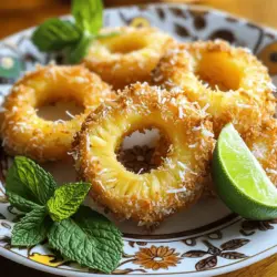 - 1 frische Ananas, geschält und in Ringe geschnitten - 1 Tasse Kokosraspeln - ½ Tasse Mehl